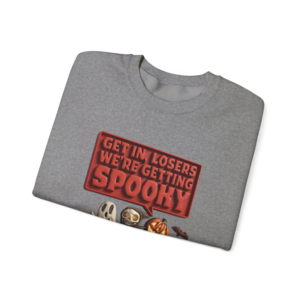 Graphite Heather crewneck sweatshirt folded to show the ghost print