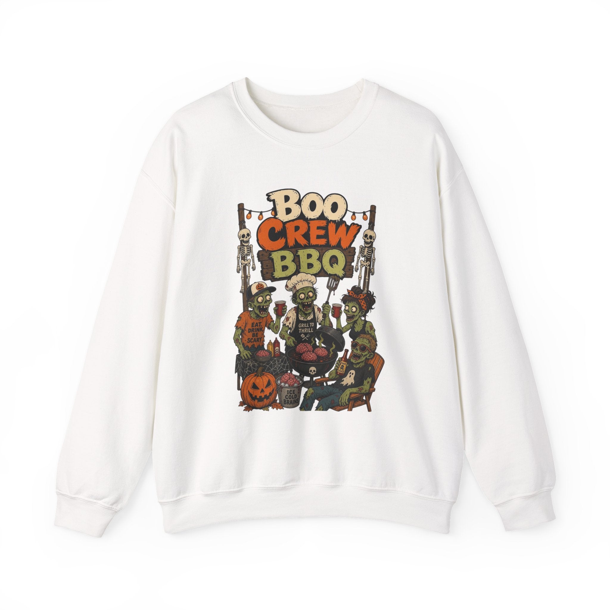 White crewneck sweatshirt laid flat, printed with a skeletons and zombies working the grill under a hand-painted