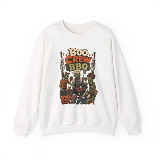 White crewneck sweatshirt laid flat, printed with a skeletons and zombies working the grill under a hand-painted