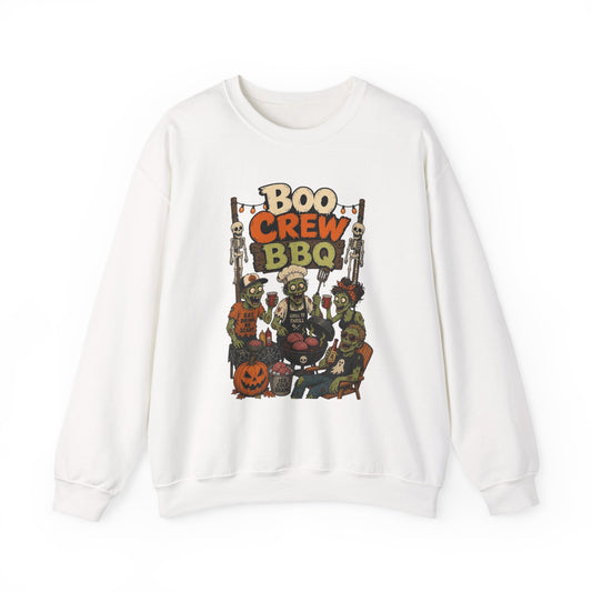 White crewneck sweatshirt laid flat, printed with a skeletons and zombies working the grill under a hand-painted