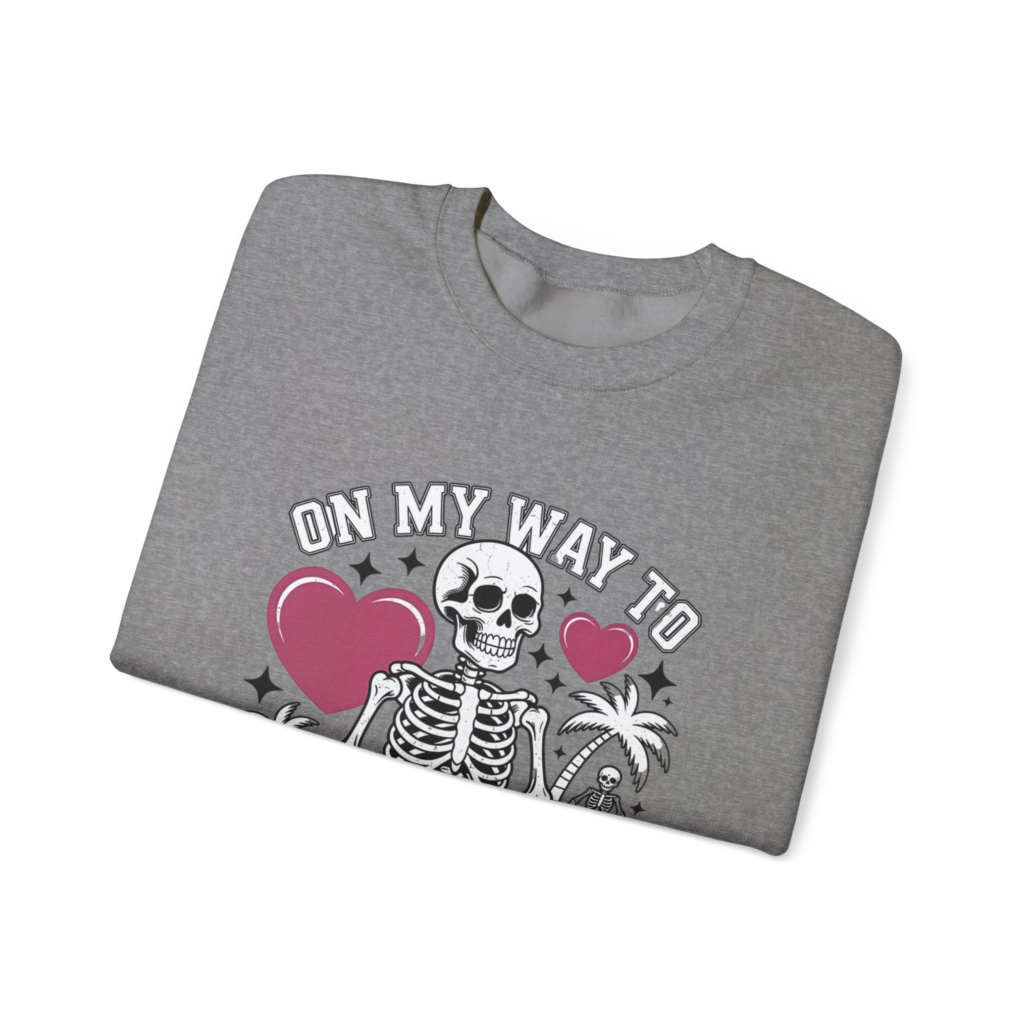 Graphite Heather crewneck sweatshirt folded to show the two line drawn skeletons under pink hearts print
