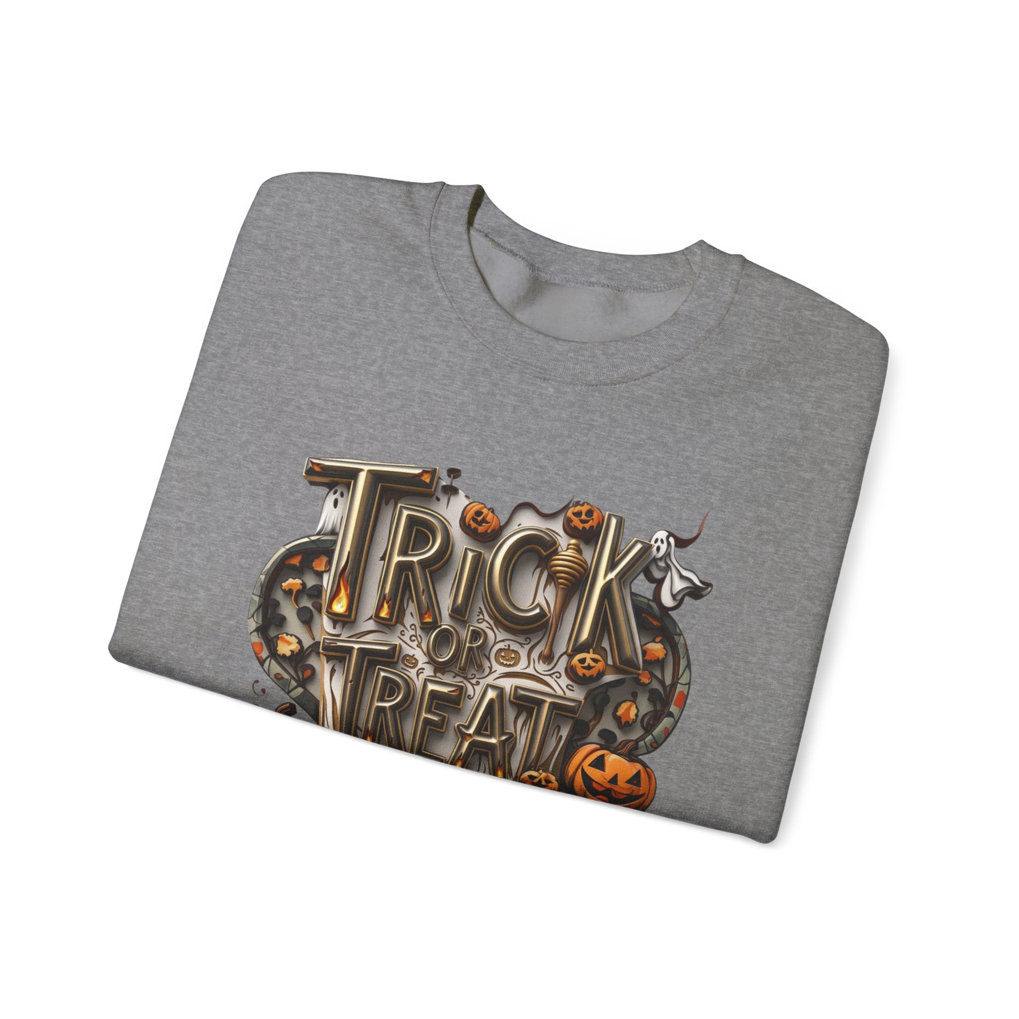 Graphite Heather crewneck sweatshirt folded to show the carved metallic lettering reading trick or treat yourself sits print