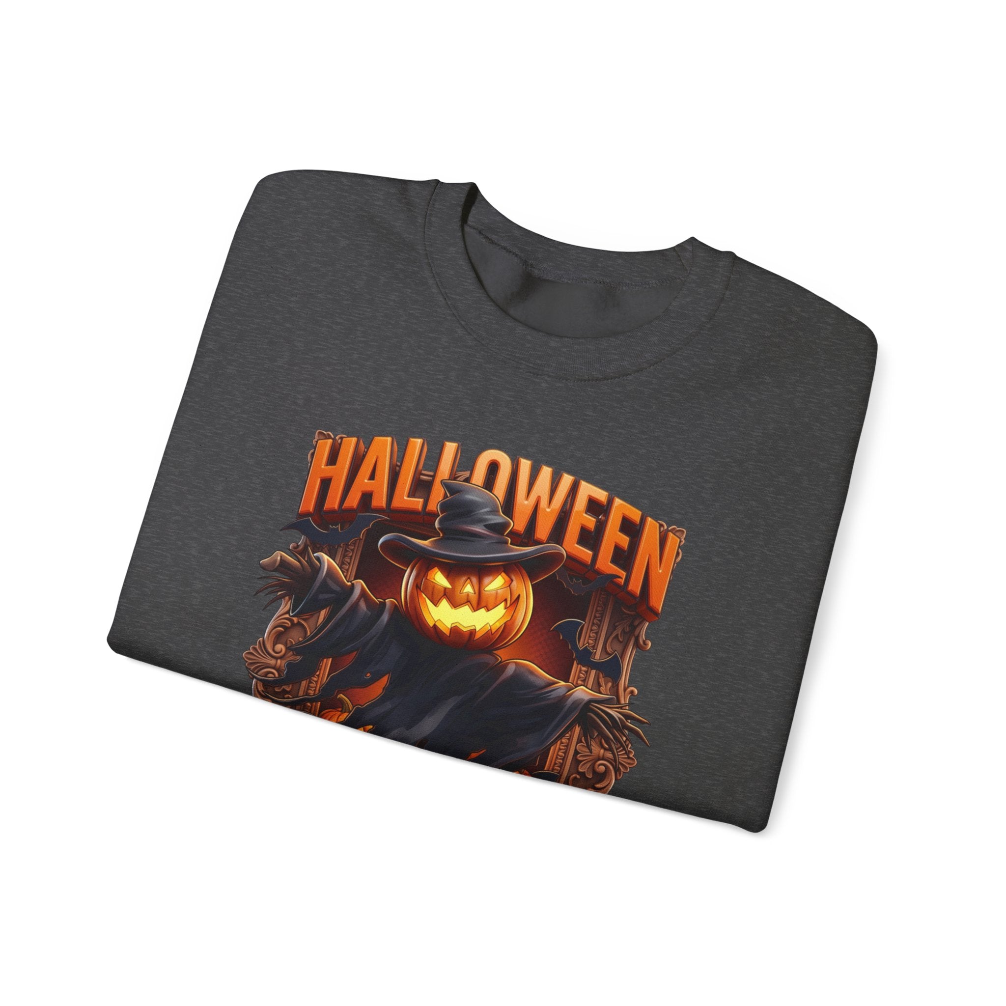 Dark Heather crewneck sweatshirt folded to show the scarecrow with a glowing jack-o-lantern head stands print
