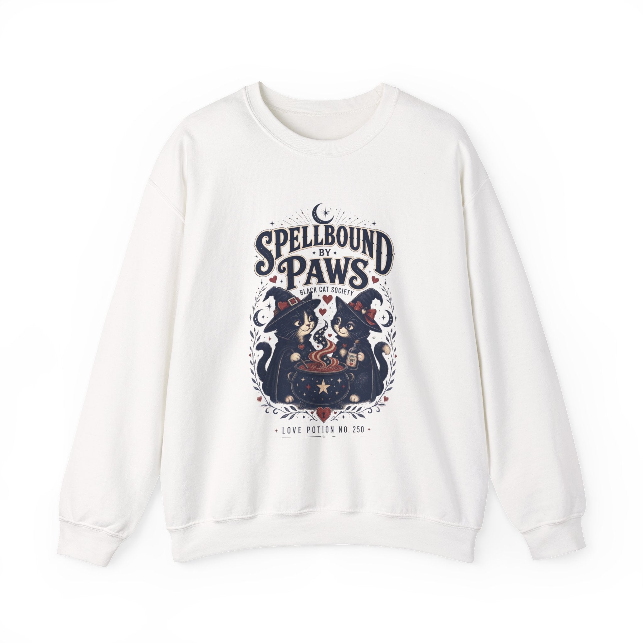 White crewneck sweatshirt laid flat, printed with a two black cats in witch hats