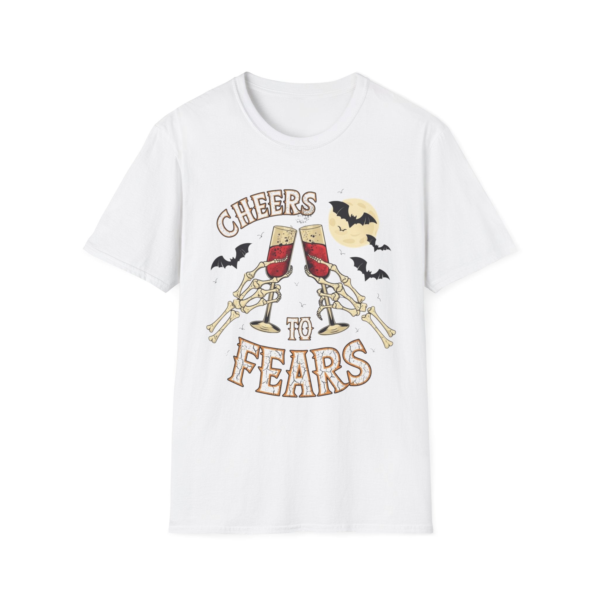 White t-shirt laid flat, printed with a two skeleton hands toasting champagne glasses with bats above