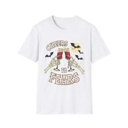 White t-shirt laid flat, printed with a two skeleton hands toasting champagne glasses with bats above