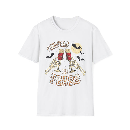 White t-shirt laid flat, printed with a two skeleton hands toasting champagne glasses with bats above