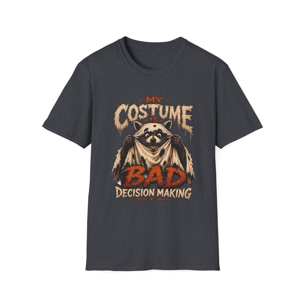 Dark Heather Grey t-shirt, plain back — wide-eyed raccoon in a fur cape on the front