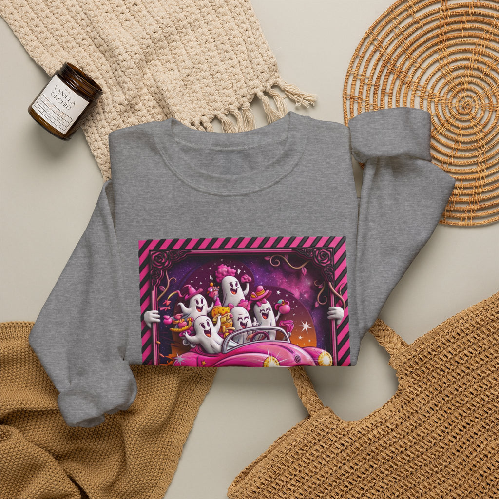 Graphite Heather crewneck sweatshirt styled flat with a candle — ghosts in a pink convertible