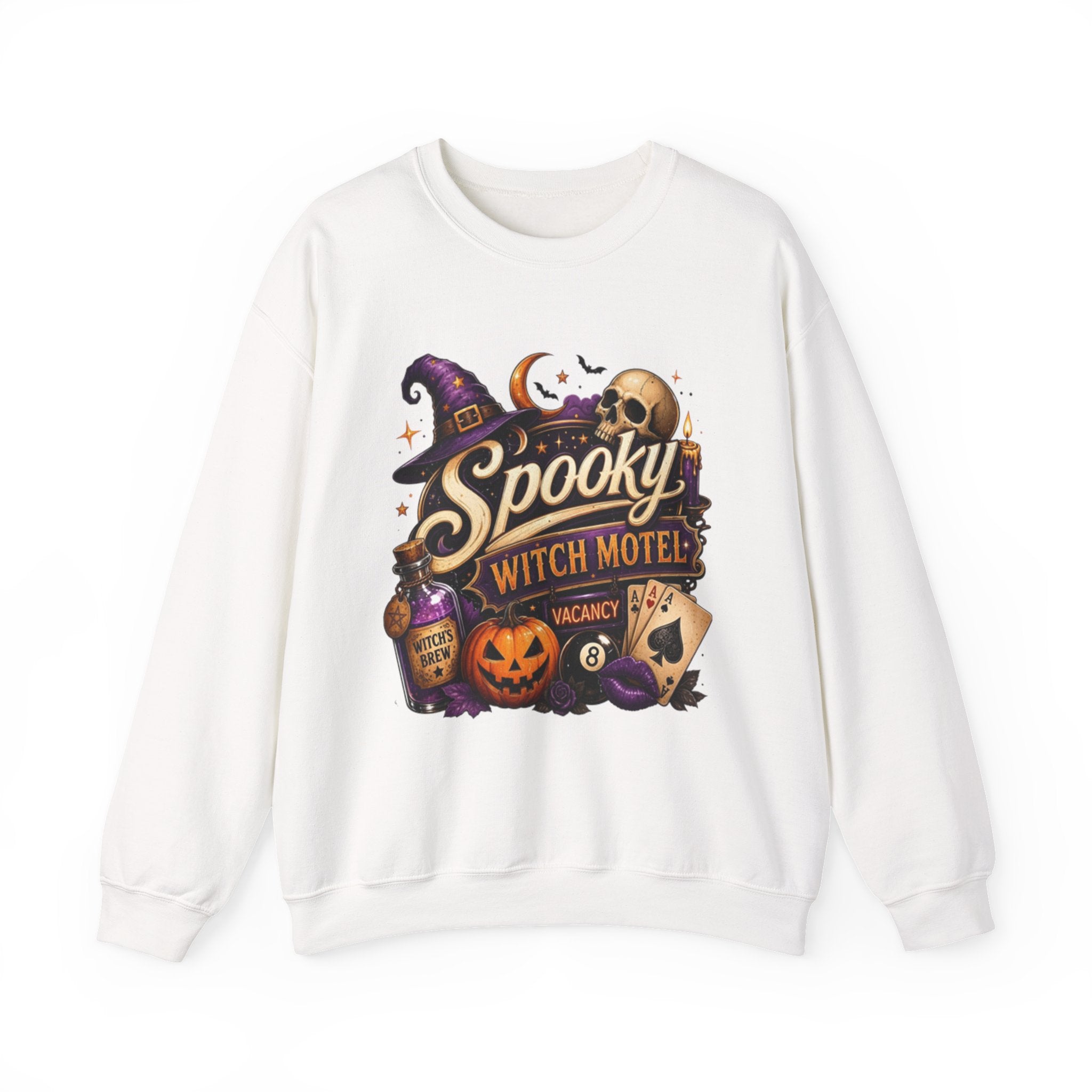 White crewneck sweatshirt laid flat, printed with a neon vintage motel sign reading spooky witch motel