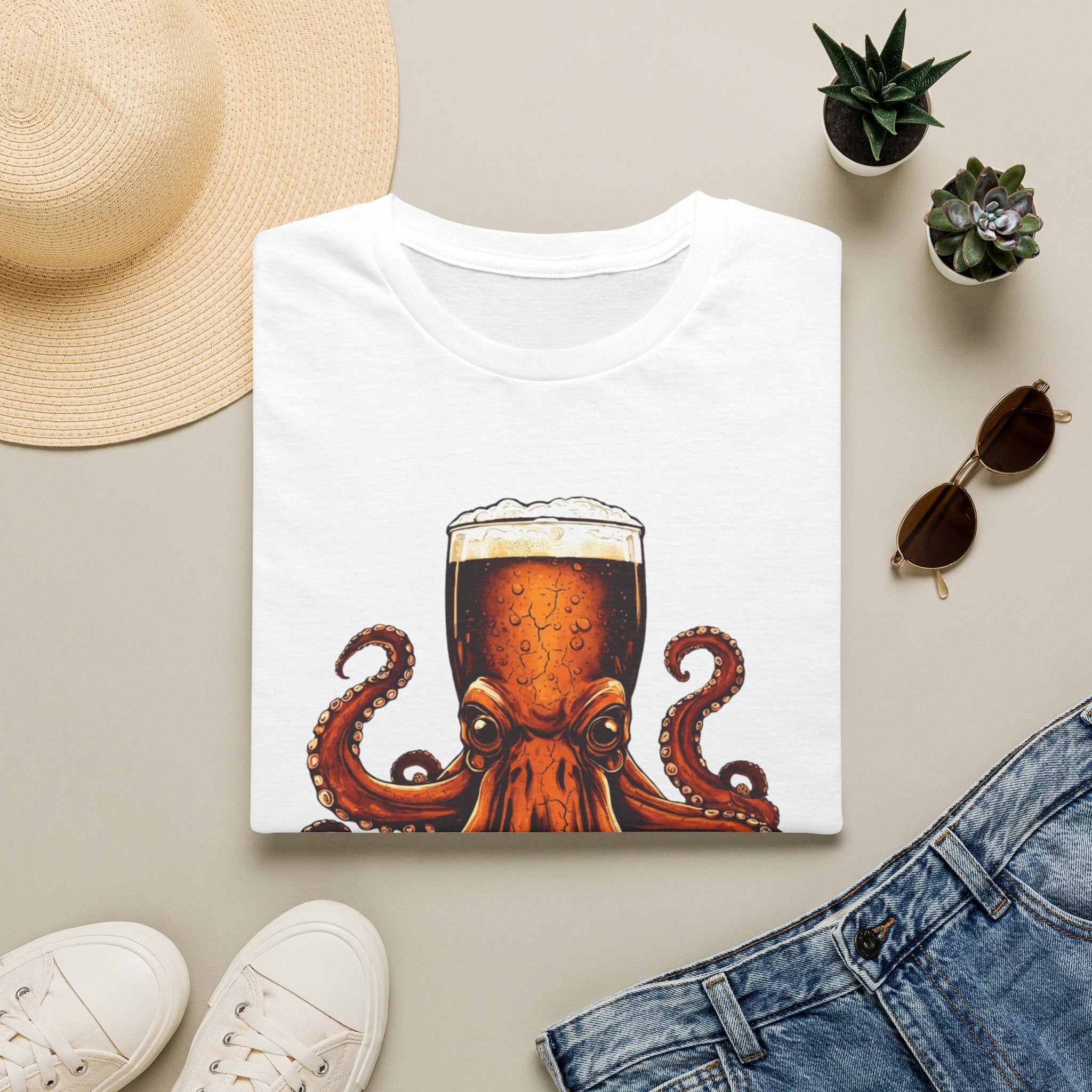 White t-shirt styled flat with a candle — octopus wrapped around a beer glass