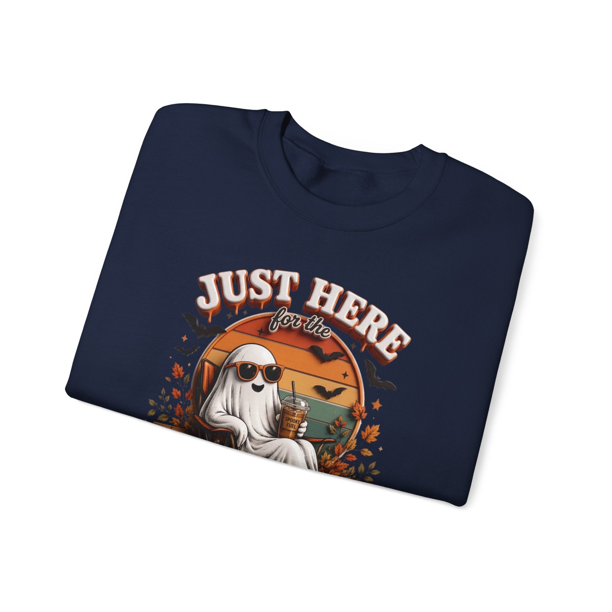 Navy crewneck sweatshirt folded to show the ghost in sunglasses kicks back with an iced coffee print