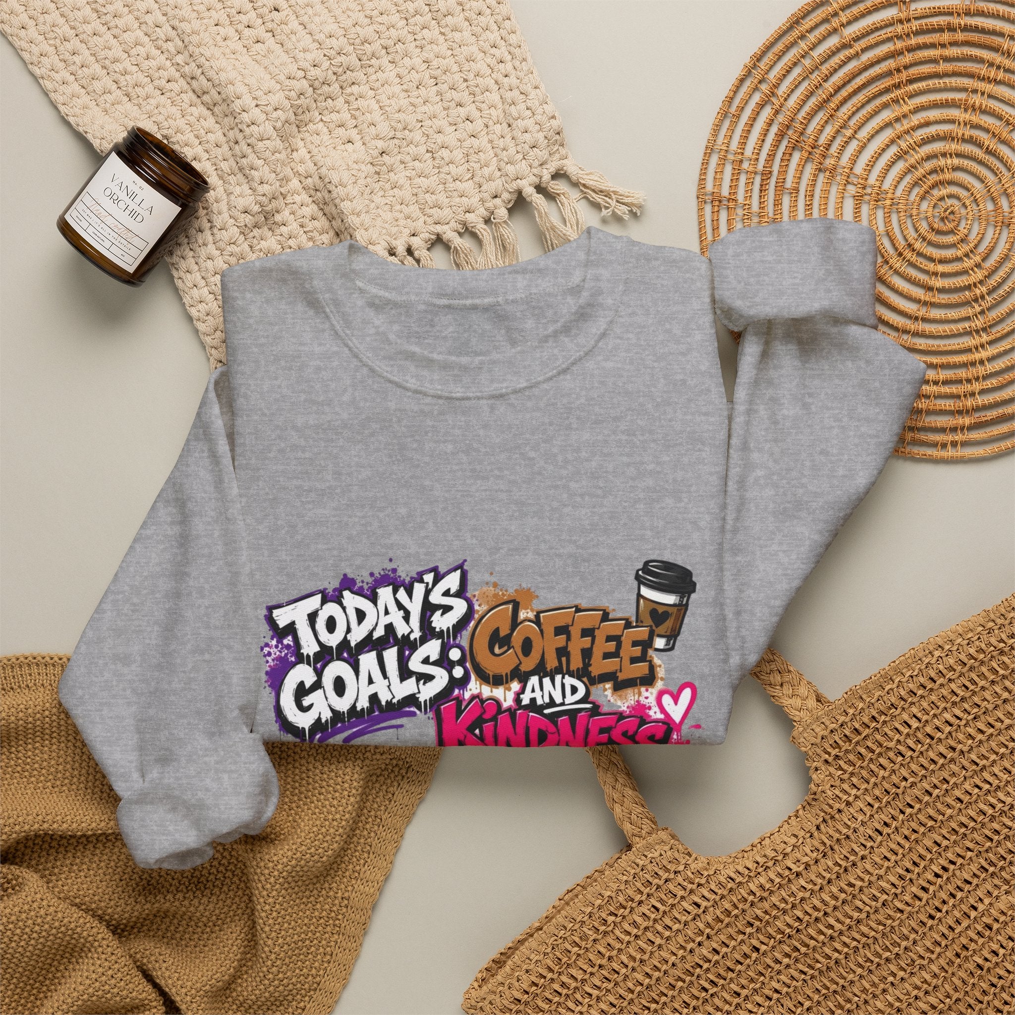 Sport Grey crewneck sweatshirt styled flat with a candle — graffiti lettering in electric pinks
