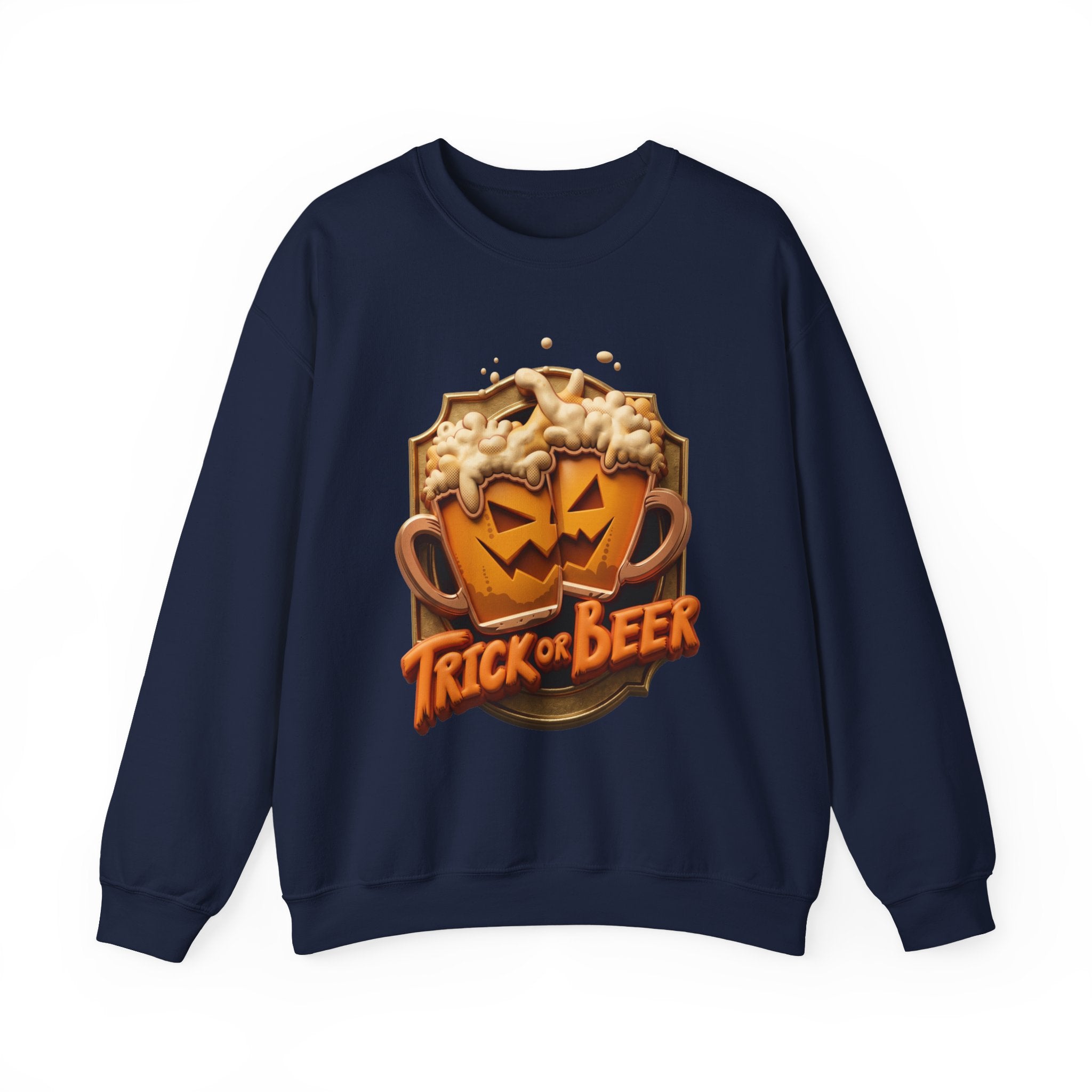 Navy crewneck sweatshirt laid flat, printed with a two frothy beer mugs carved with jack-o-lantern faces clink