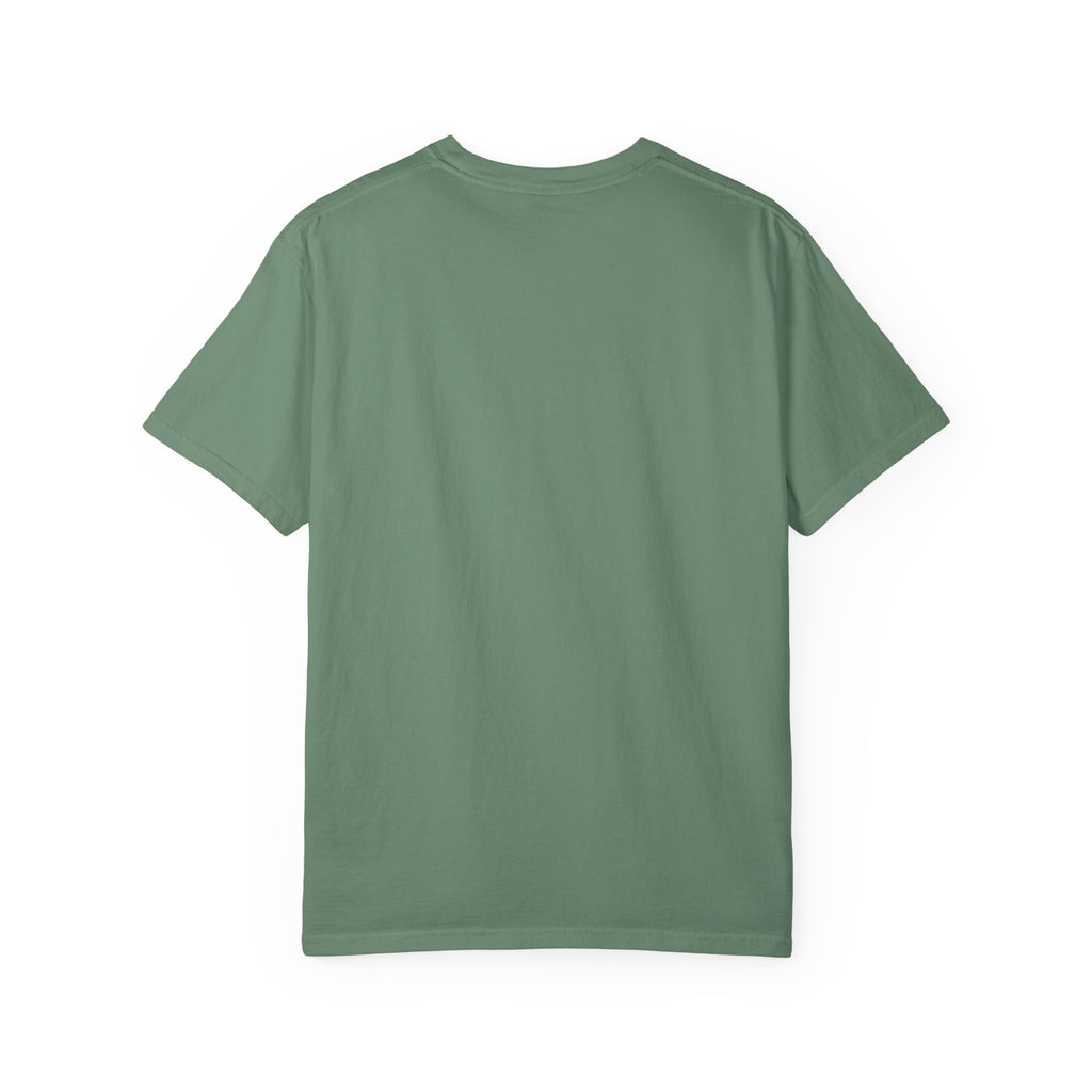 Light Green t-shirt, plain back — tall striped mug in retro collage on the front