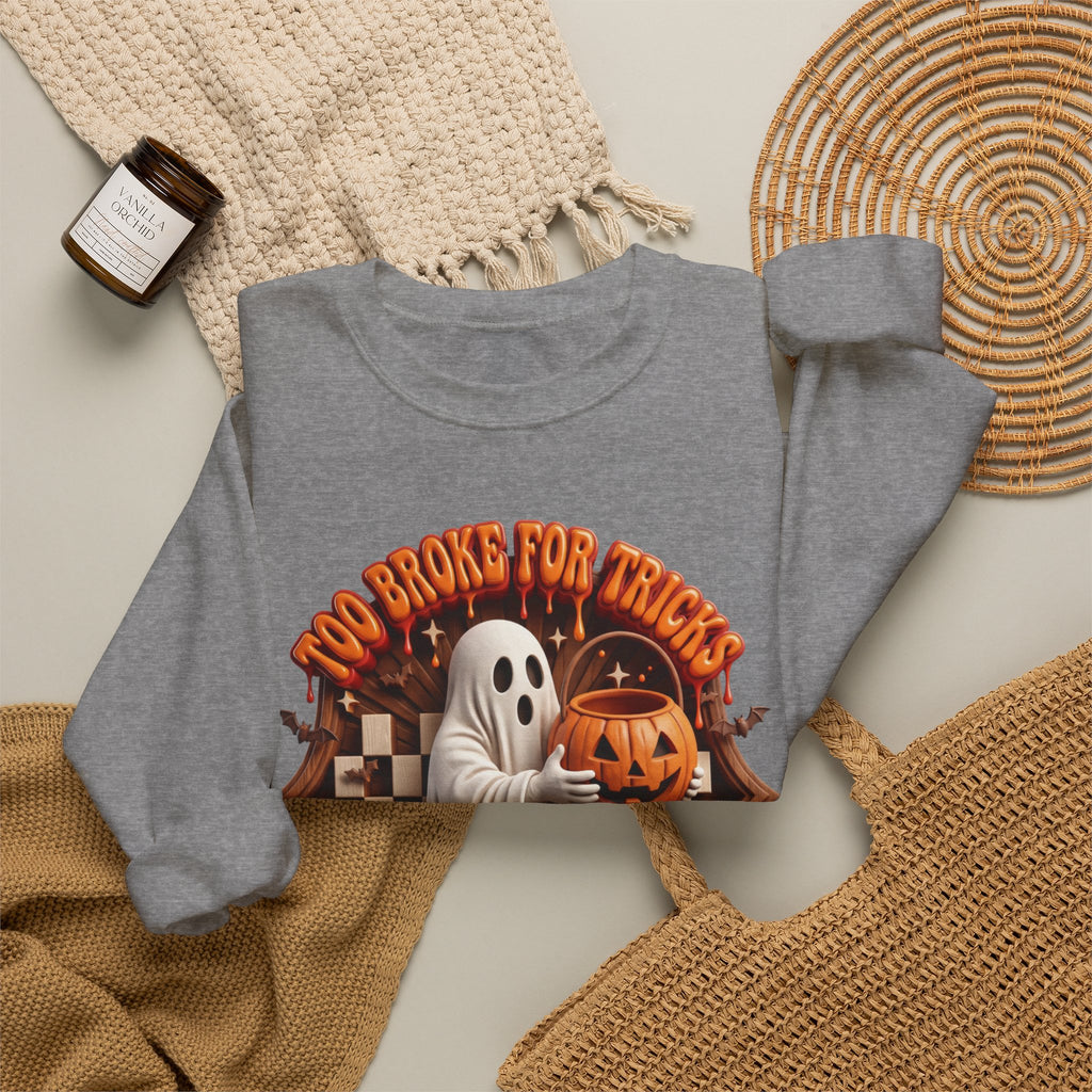 Graphite Heather crewneck sweatshirt styled flat with a candle — sheet ghost hugging a candy pail