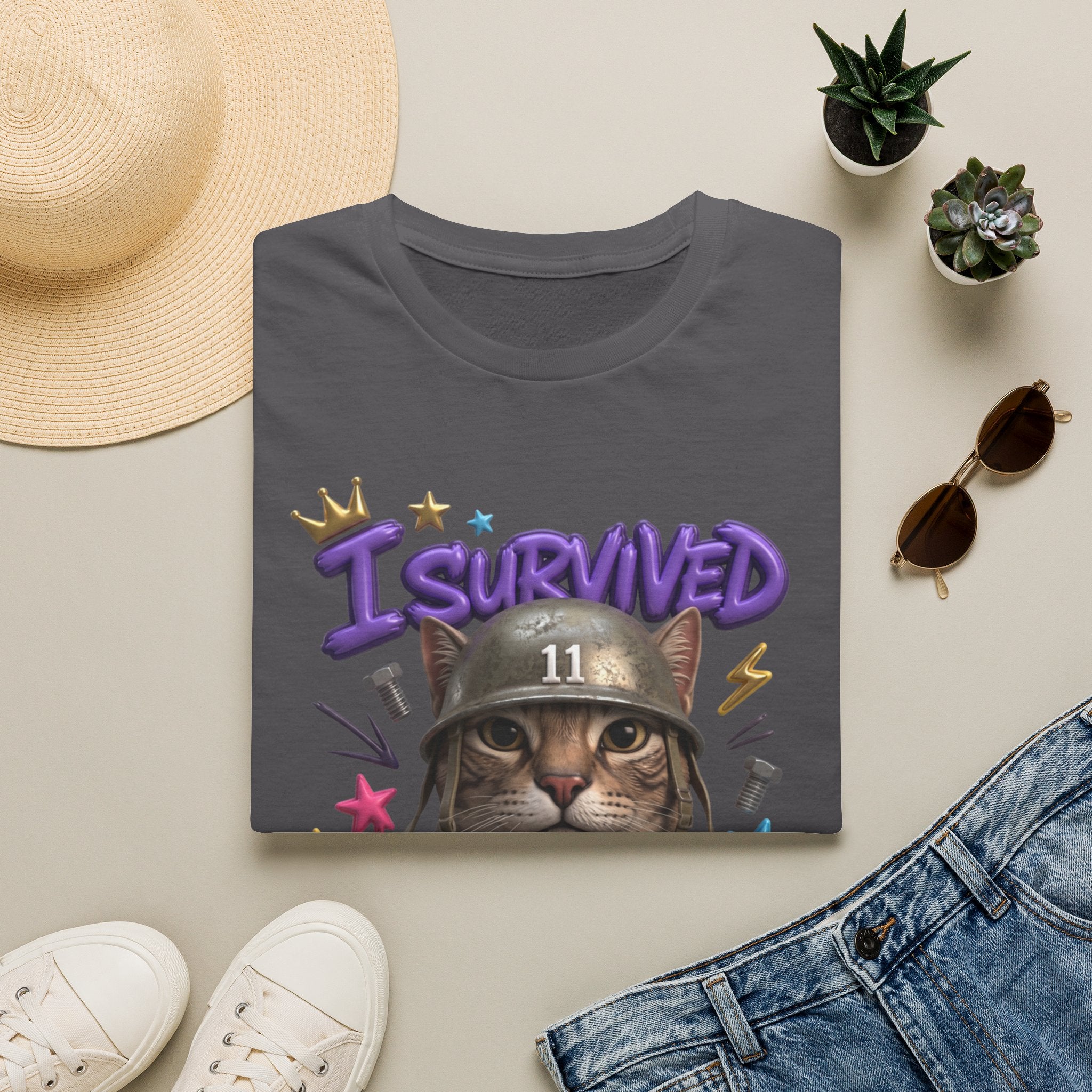 Charcoal t-shirt styled flat with a candle — flat-eyed cat in a steel helmet