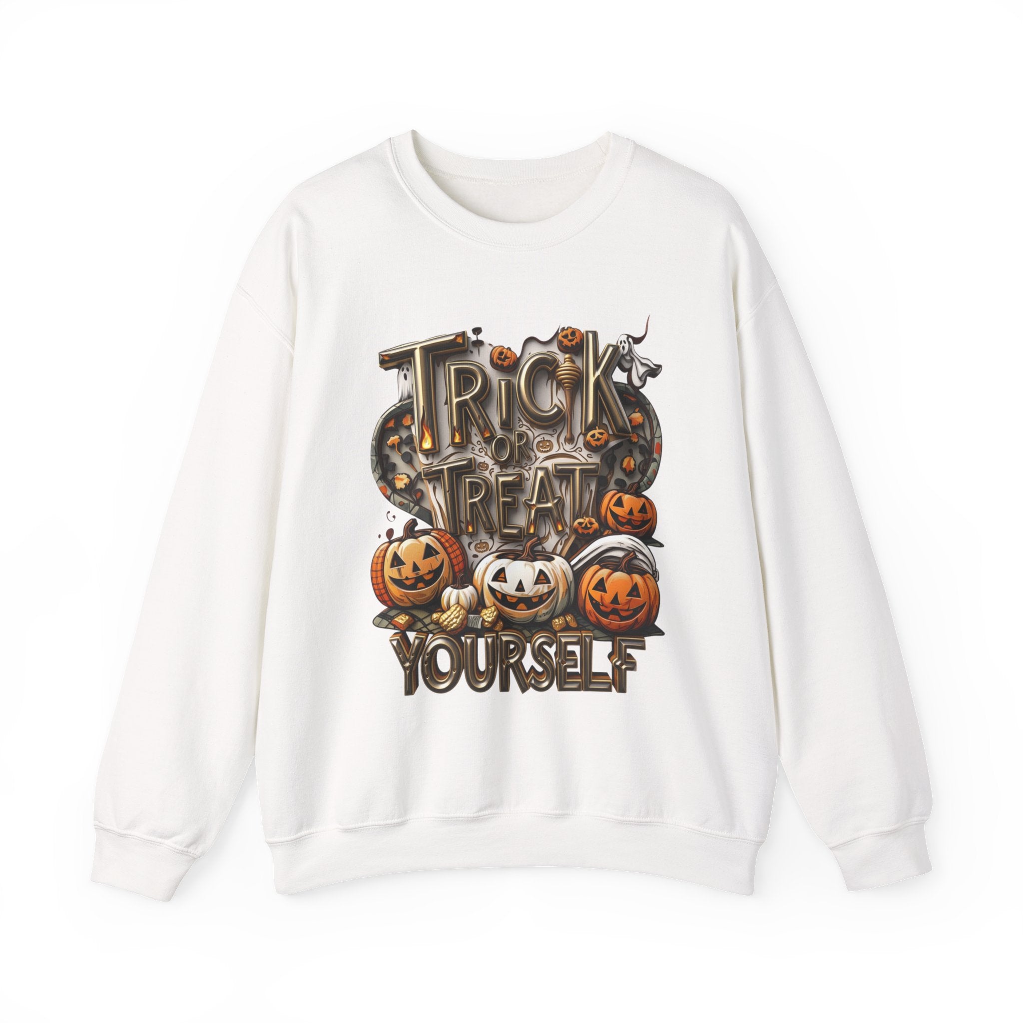 White crewneck sweatshirt laid flat, printed with a carved metallic lettering reading trick or treat yourself sits