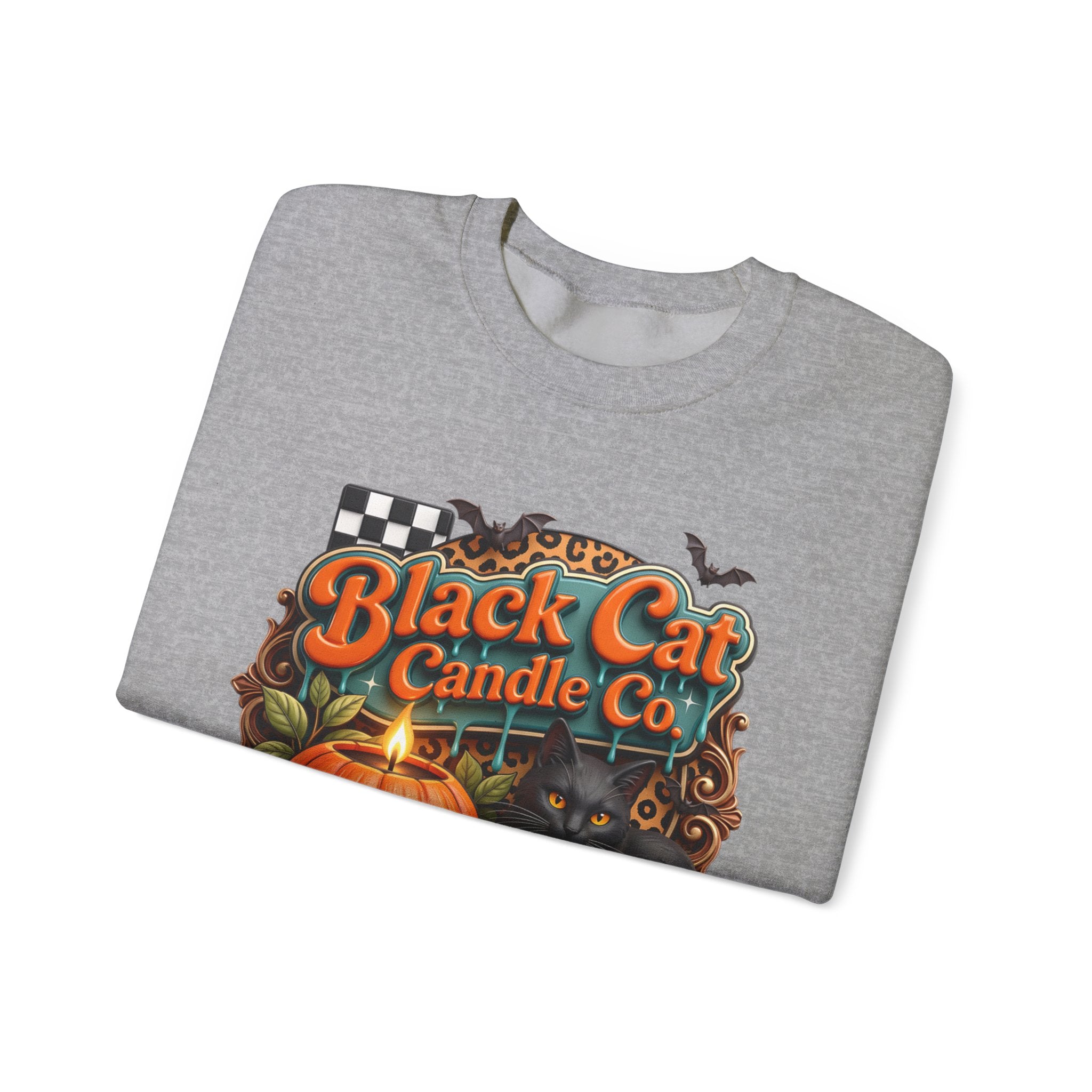 Sport Grey crewneck sweatshirt folded to show the retro teal signboard reads black cat candle co print
