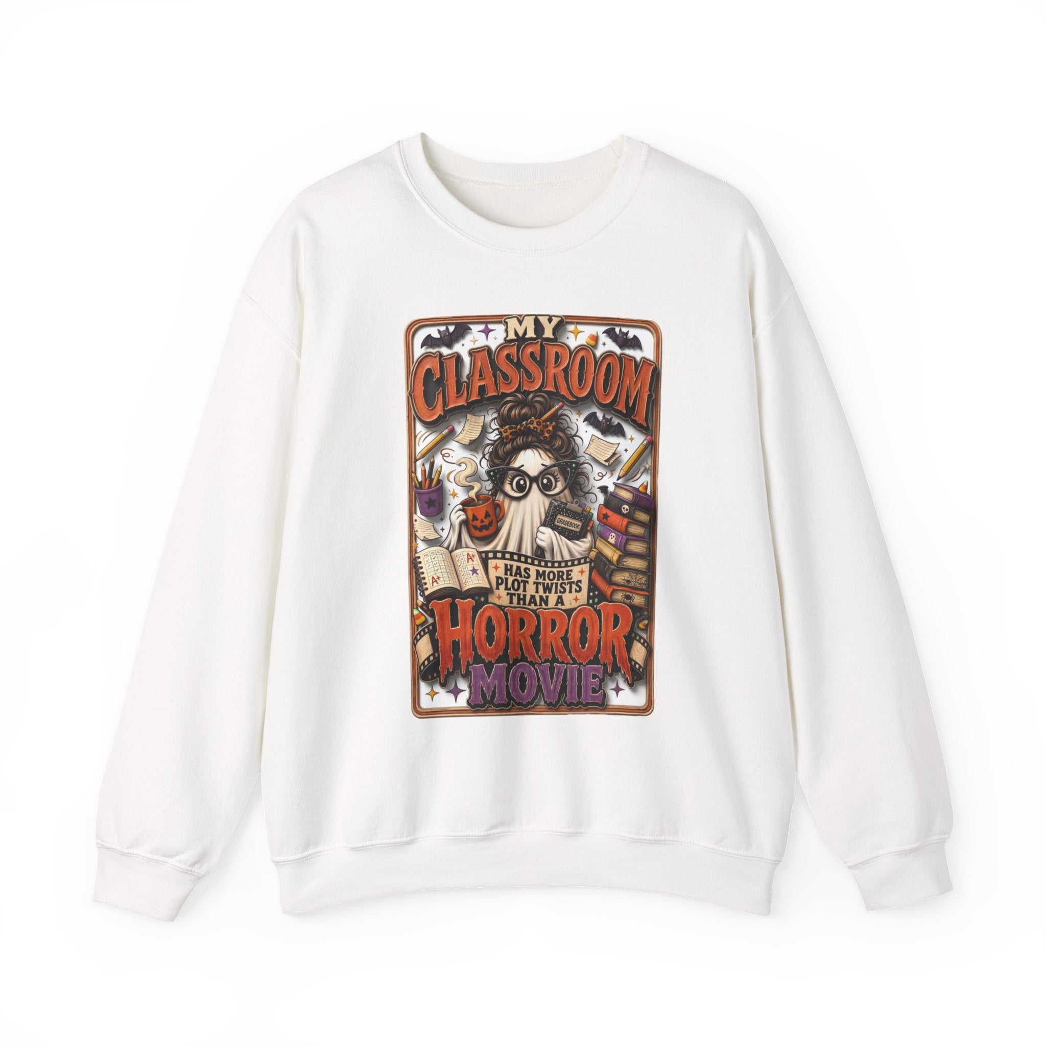 White crewneck sweatshirt laid flat, printed with a bespectacled ghost with a messy bun grades away among