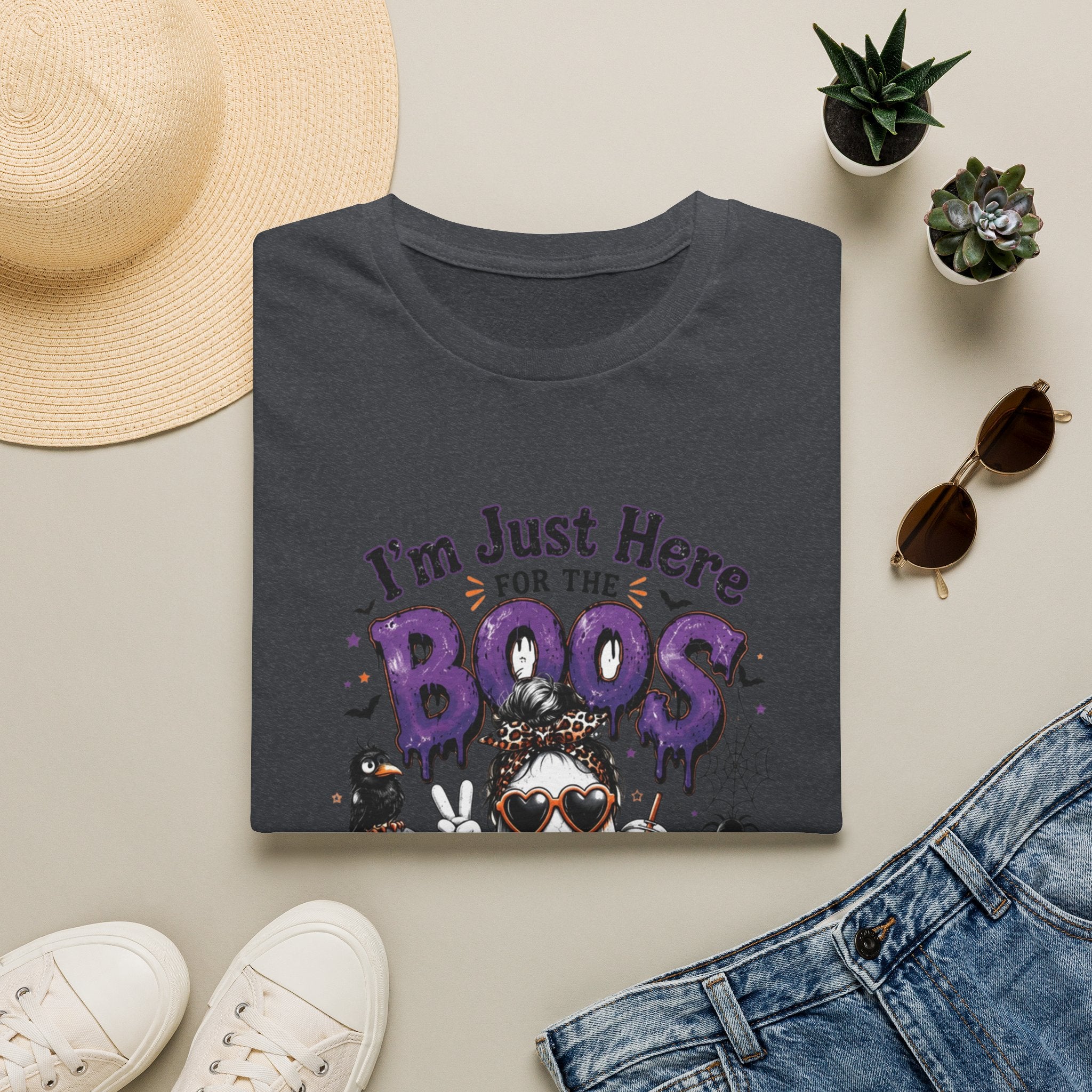 Dark Heather Grey t-shirt printed with a cartoon ghosts in sunglasses stacked over pumpkins, view 17