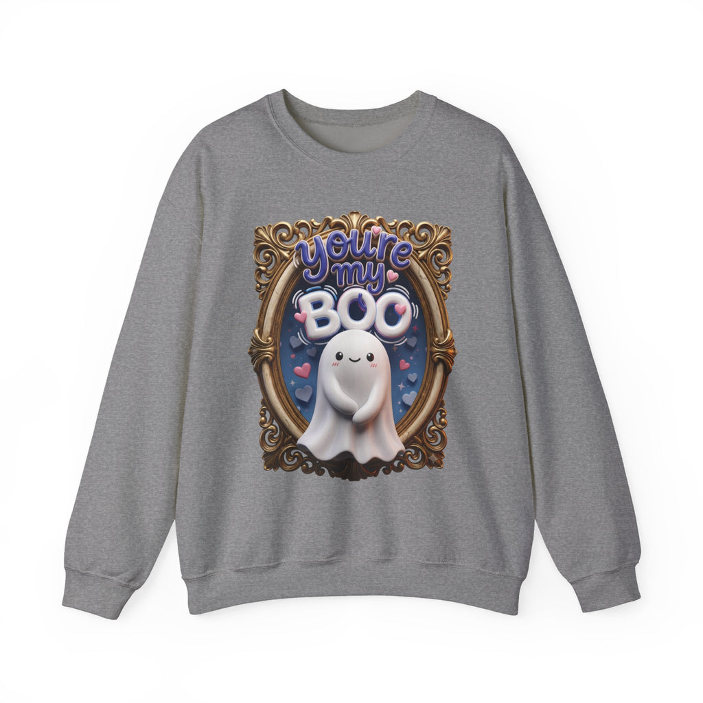 Graphite Heather crewneck sweatshirt laid flat, printed with a round smiling ghost floats inside a gilded vintage frame