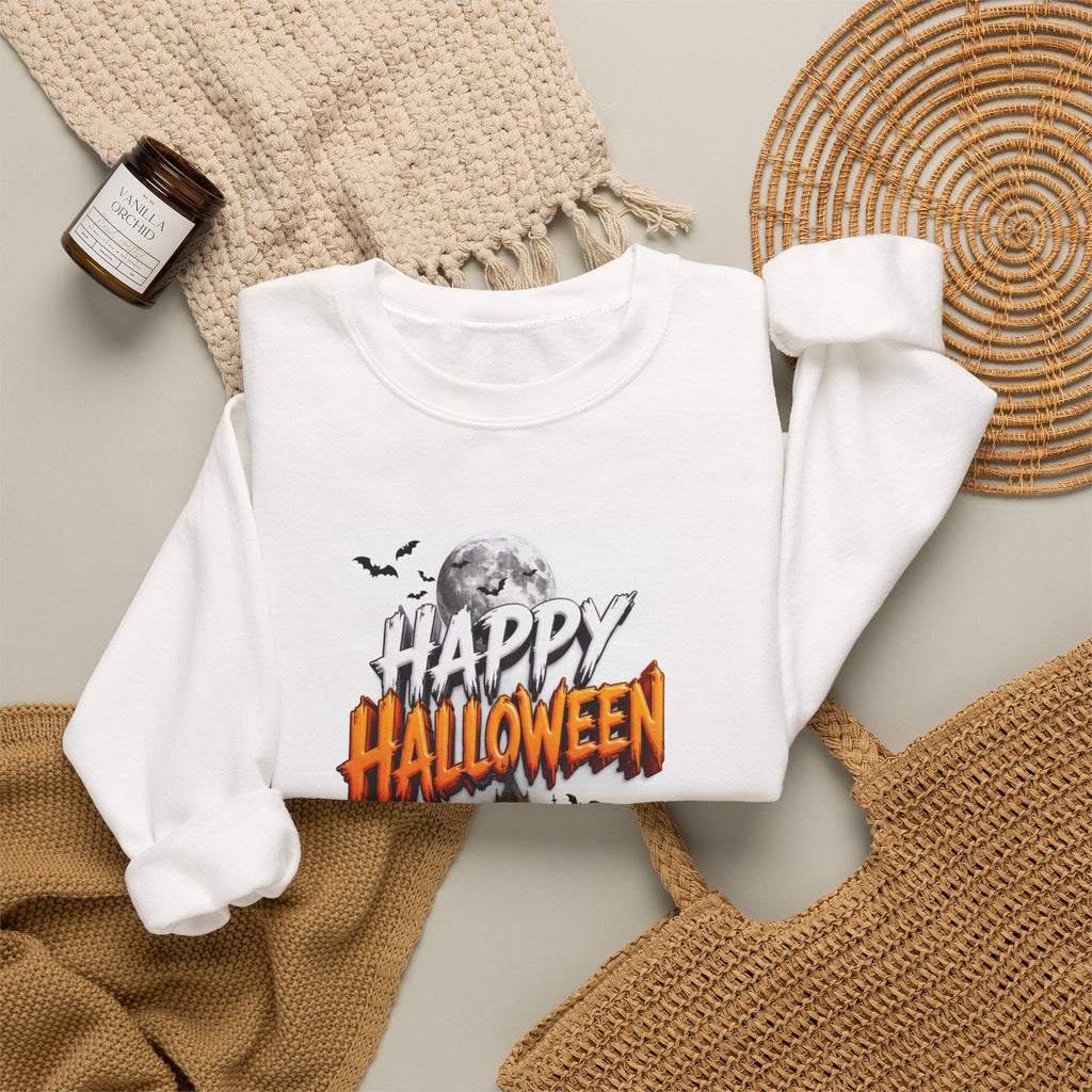 White crewneck sweatshirt styled flat with a candle — haunted house with pumpkins and ghosts