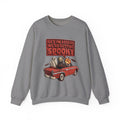Graphite Heather crewneck sweatshirt laid flat, printed with a ghost