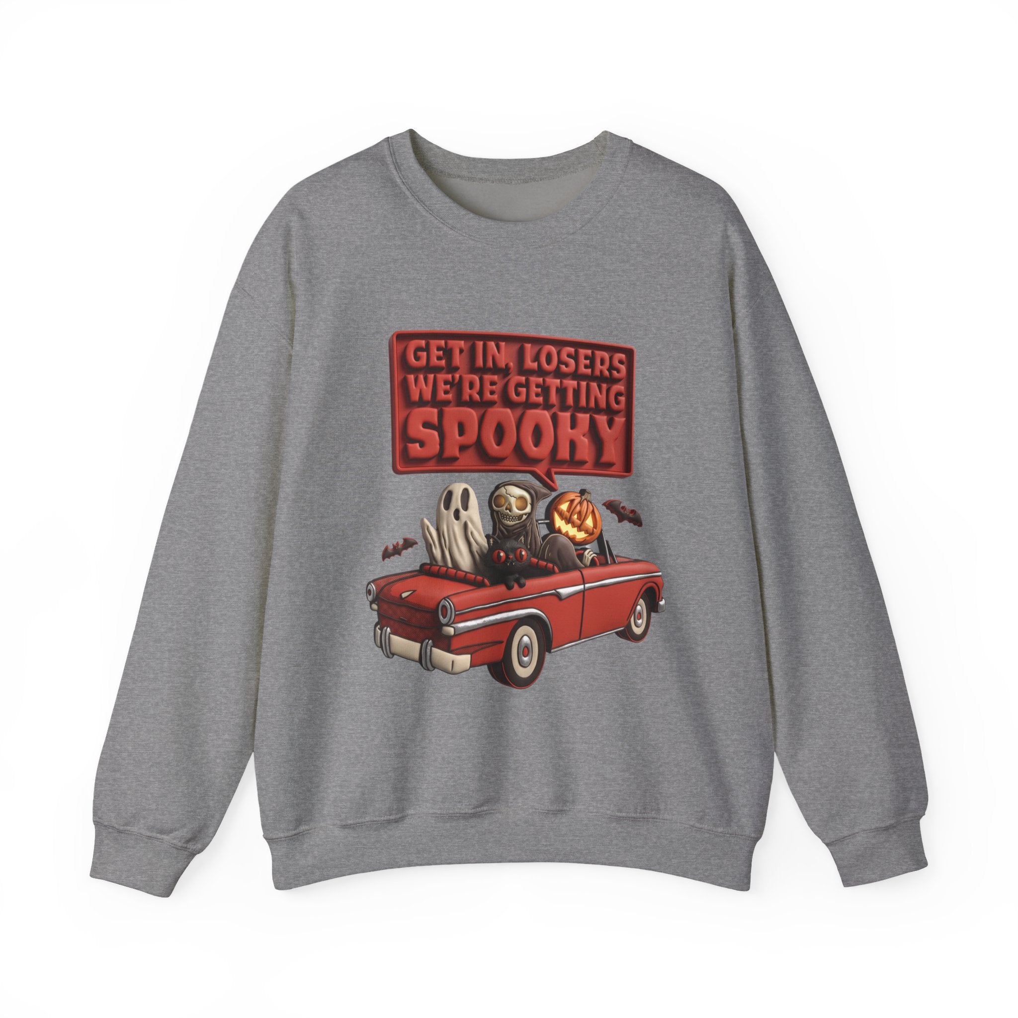 Graphite Heather crewneck sweatshirt laid flat, printed with a ghost