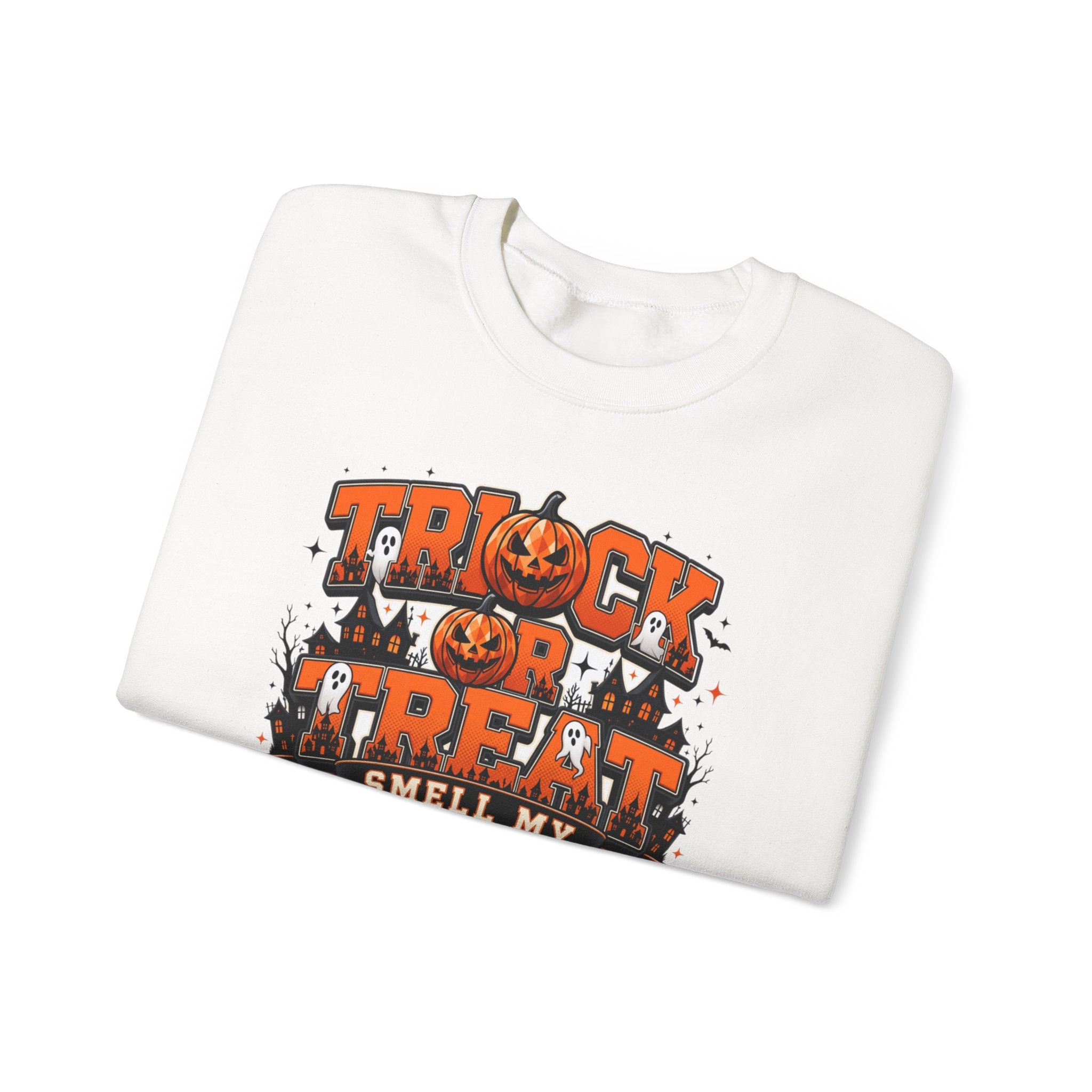 White crewneck sweatshirt folded to show the stacked orange and black lettering spells out the classic print