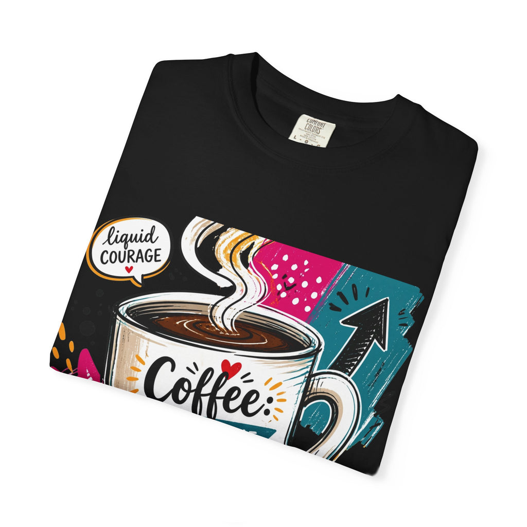 Black t-shirt folded to show the tall striped mug set into a busy retro collage print