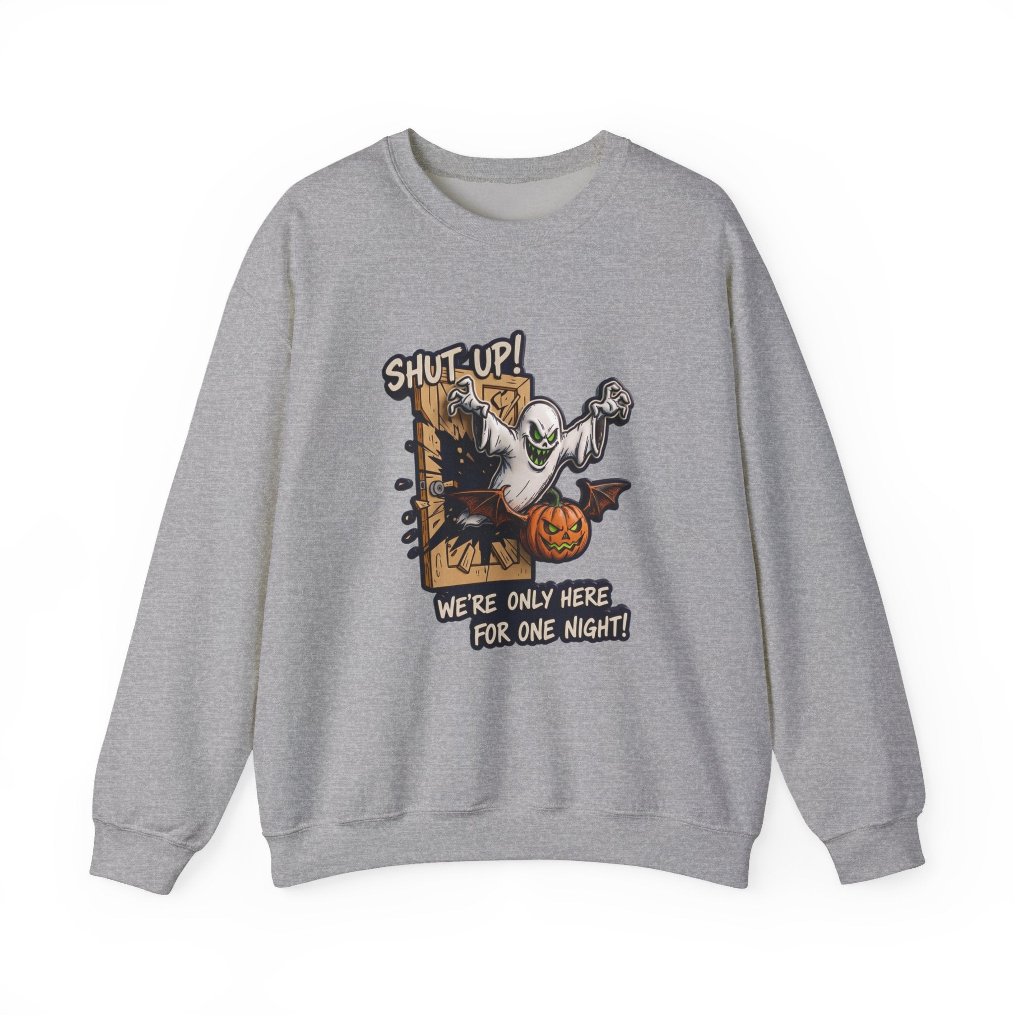Sport Grey crewneck sweatshirt laid flat, printed with a green-eyed ghost with bat wings bursts through a wooden