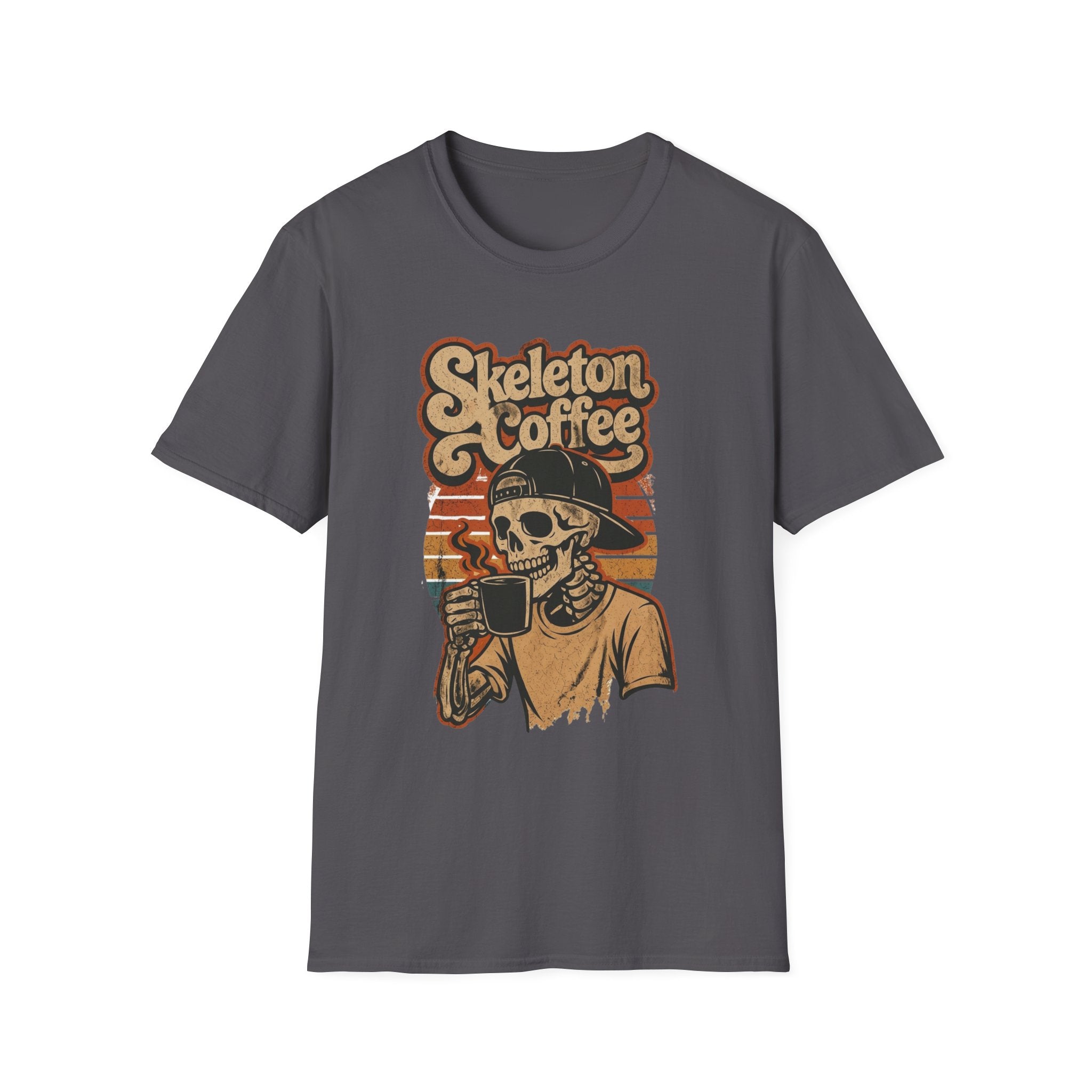 Charcoal t-shirt laid flat, printed with a skeleton in a knitted sweater raising a paper cup