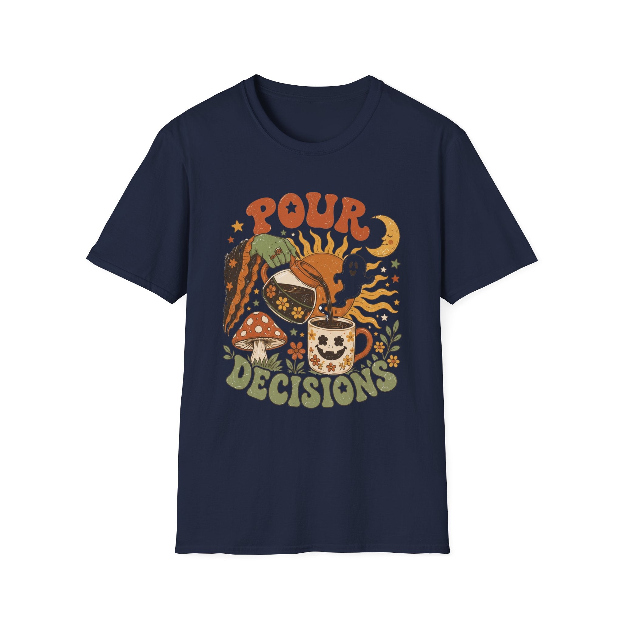 Navy t-shirt laid flat, printed with a green witch hand tipping a flower-patterned coffee pot into