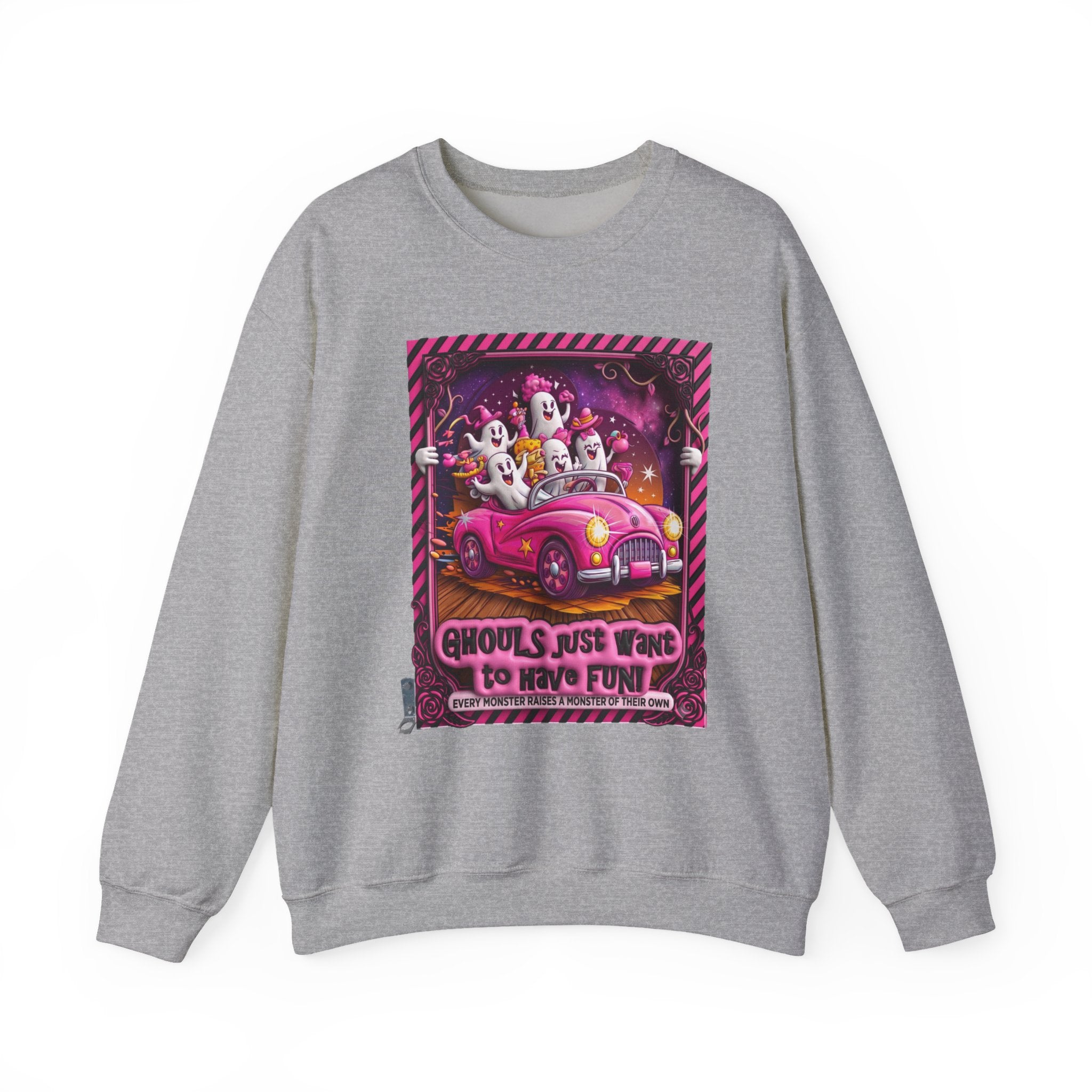 Sport Grey crewneck sweatshirt laid flat, printed with a carload of smiling ghosts cruises in a bubblegum pink