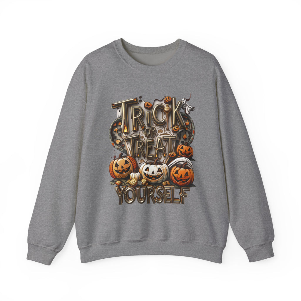 Graphite Heather crewneck sweatshirt laid flat, printed with a carved metallic lettering reading trick or treat yourself sits
