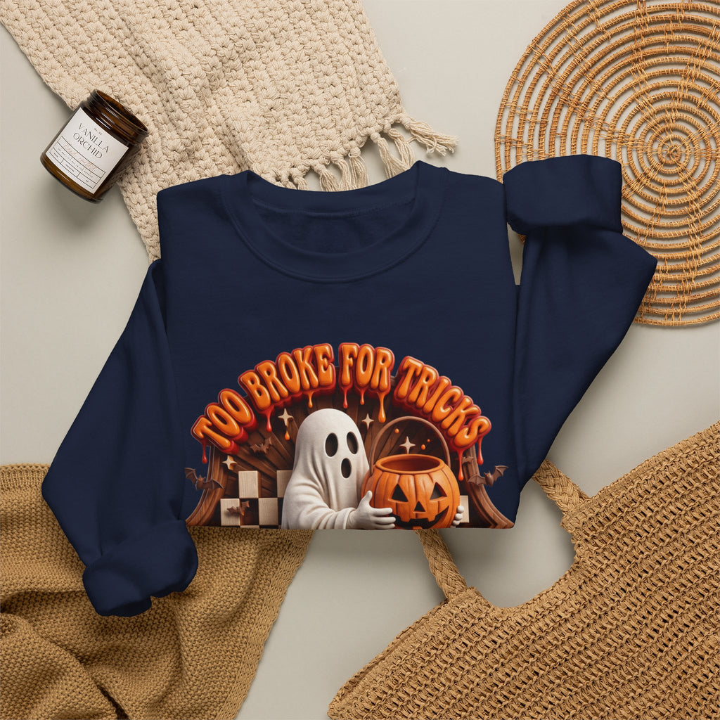 Navy crewneck sweatshirt styled flat with a candle — sheet ghost hugging a candy pail