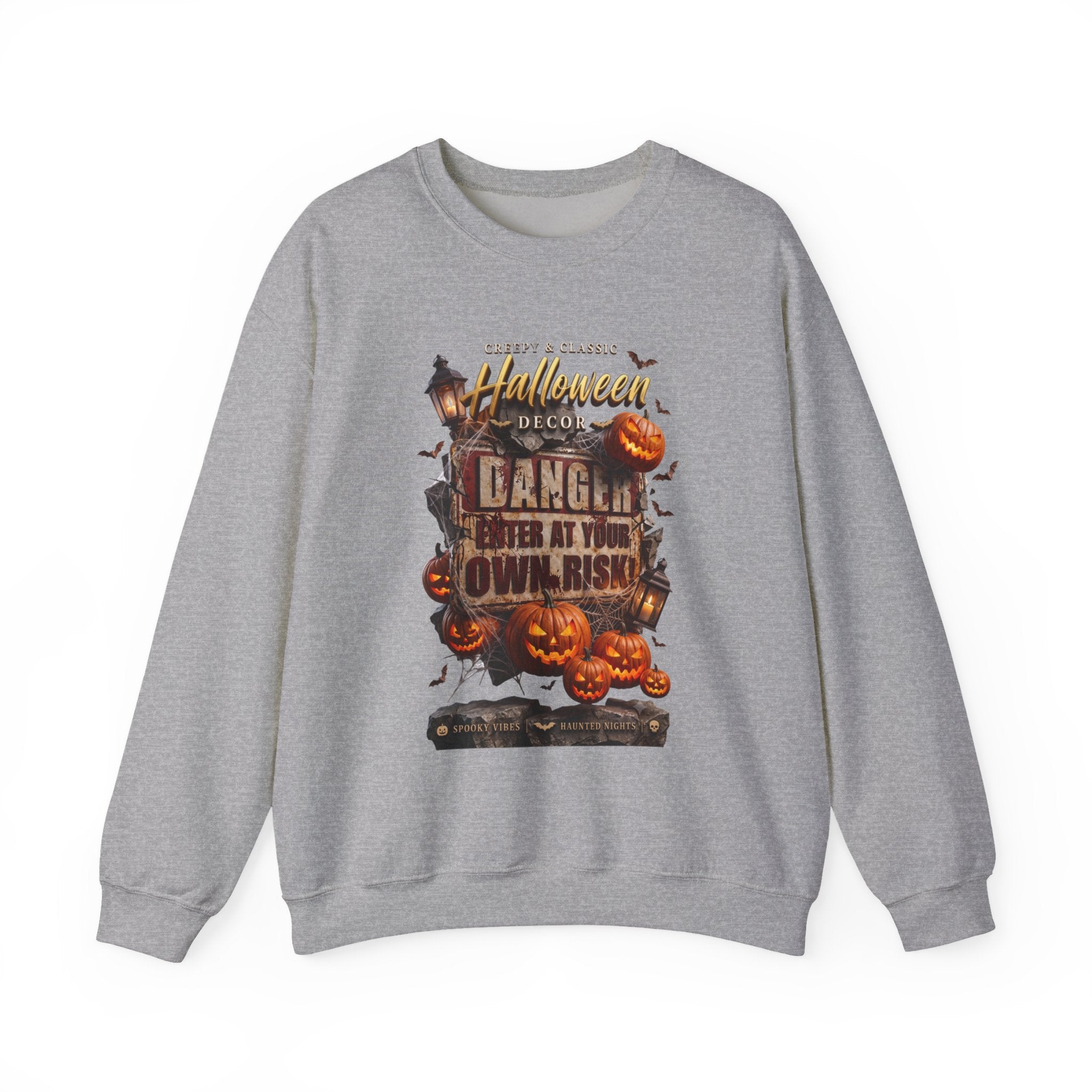 Sport Grey crewneck sweatshirt laid flat, printed with a aged danger sign hangs above a cluster of glowing