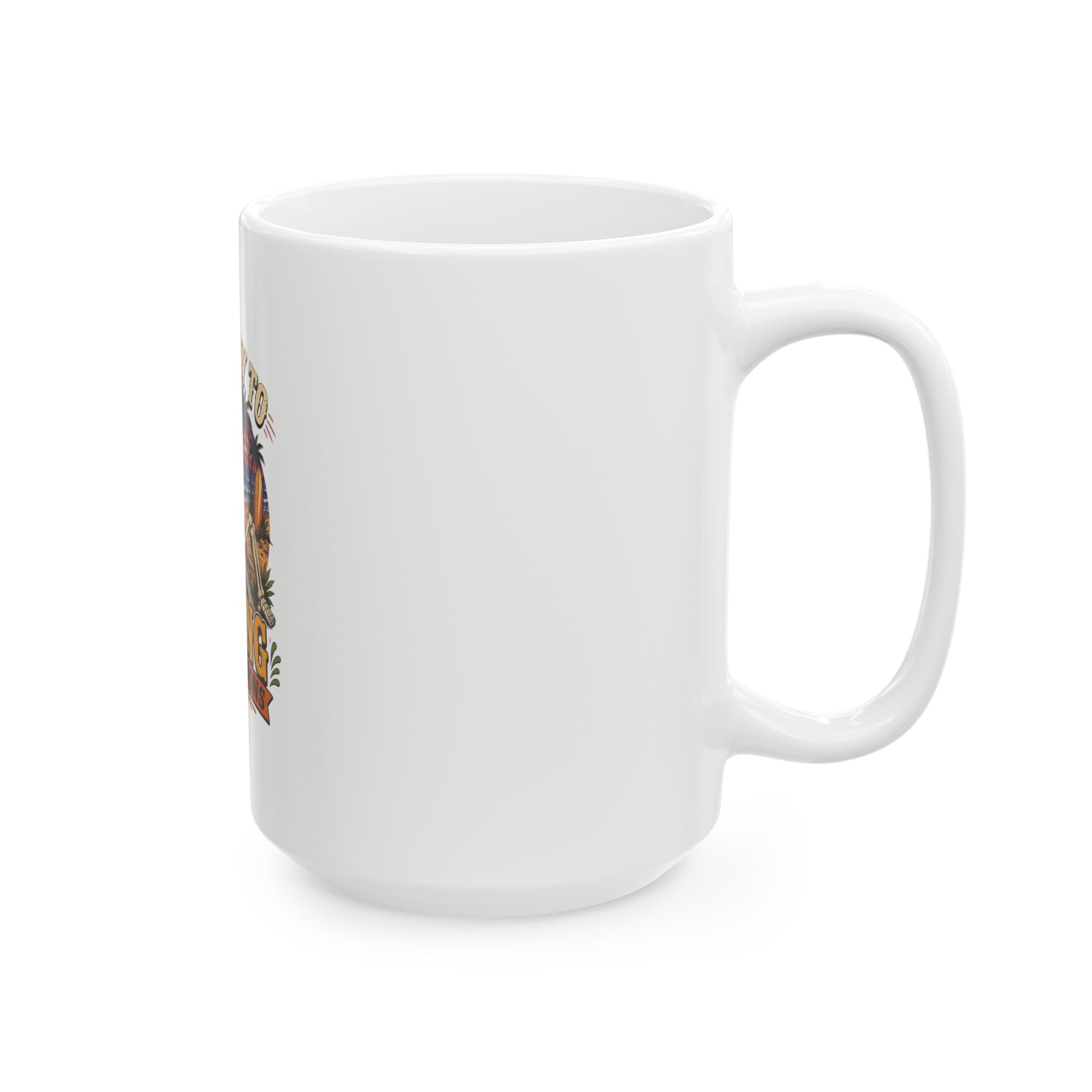 Ceramic mug showing a wraparound tropical sunset scene of a skeleton, view 8