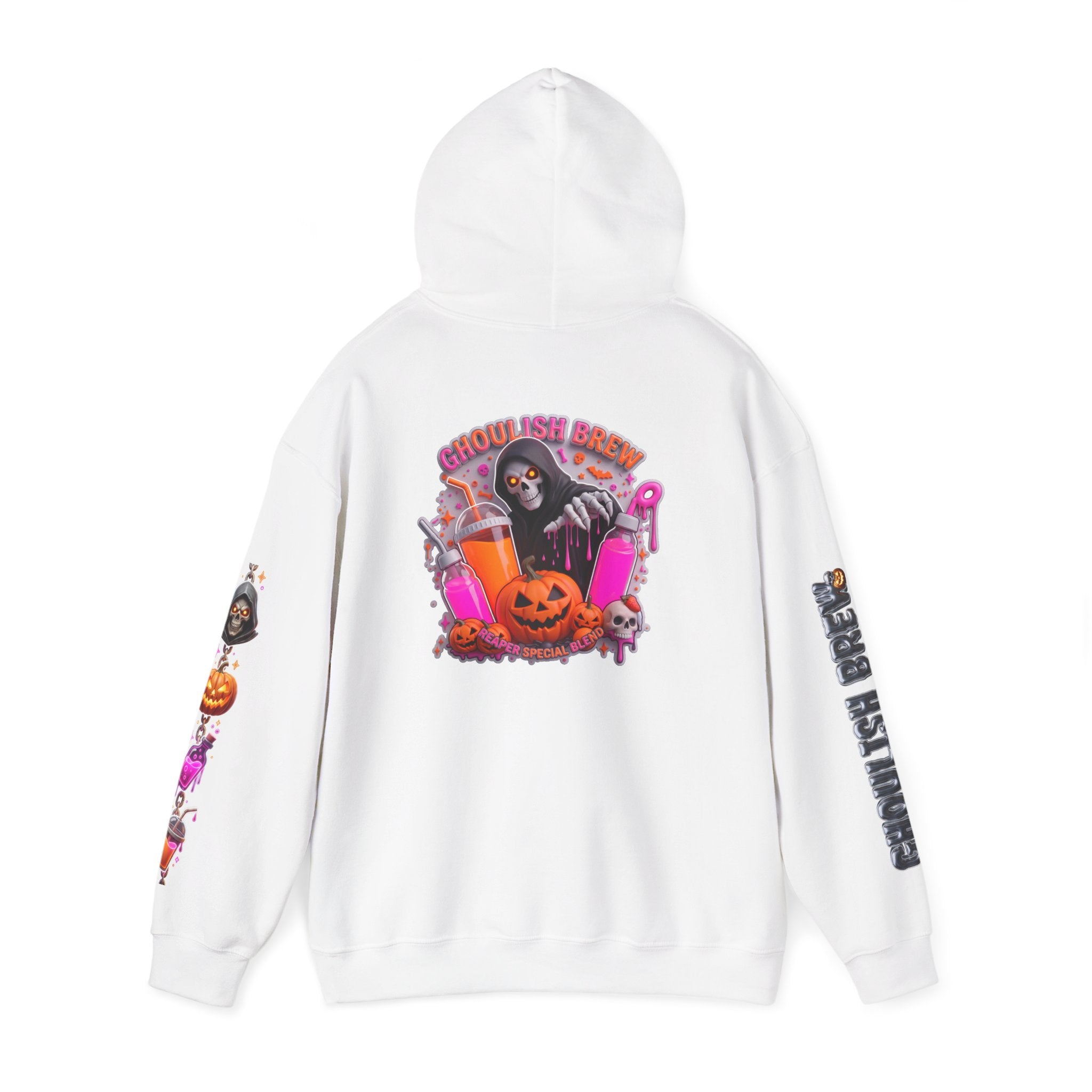White hoodie folded to show the potion co. halloween graphic of jack-o-lanterns and potion bottles print