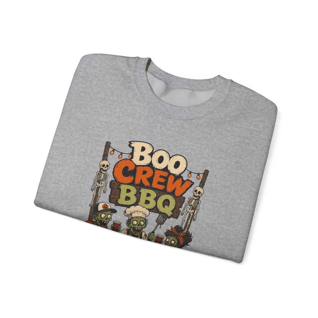 Sport Grey crewneck sweatshirt folded to show the skeletons and zombies working the grill under a hand-painted print