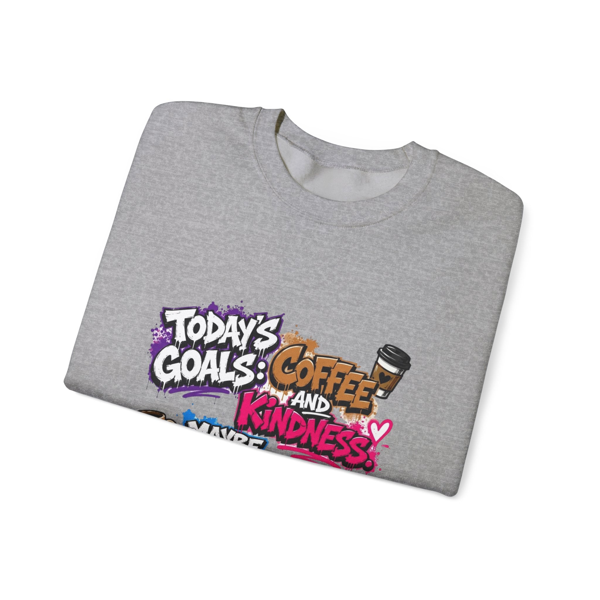 Sport Grey crewneck sweatshirt folded to show the stacked graffiti lettering in electric pinks print