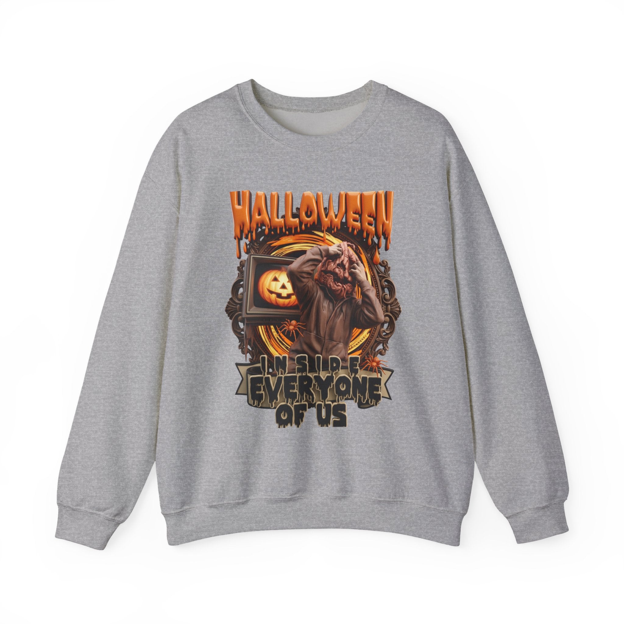 Sport Grey crewneck sweatshirt laid flat, printed with a hunched monster claws at its own head