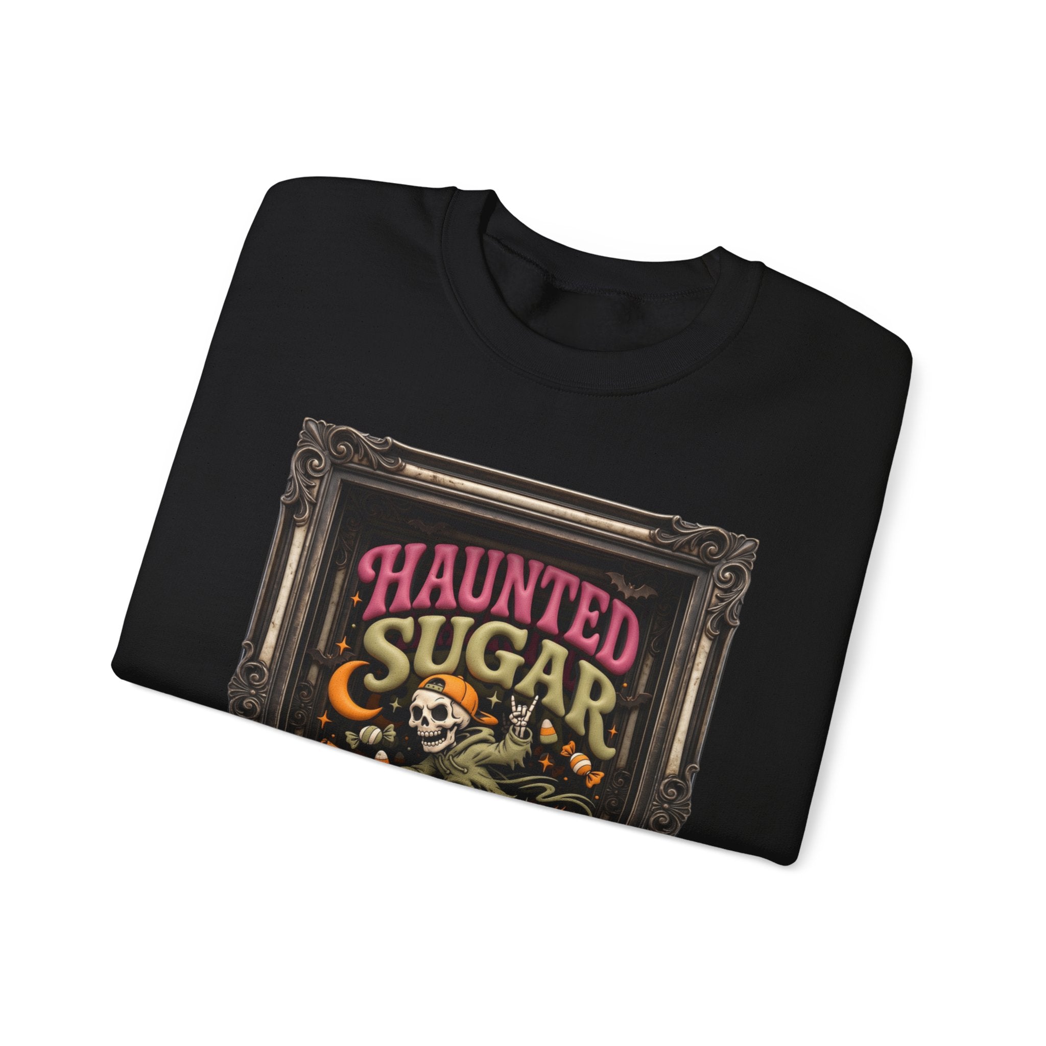 Black crewneck sweatshirt folded to show the hooded skeleton rides a broom past a crescent moon print