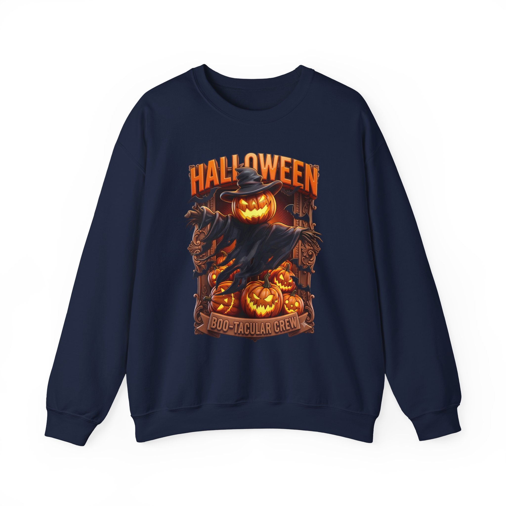 Navy crewneck sweatshirt laid flat, printed with a scarecrow with a glowing jack-o-lantern head stands