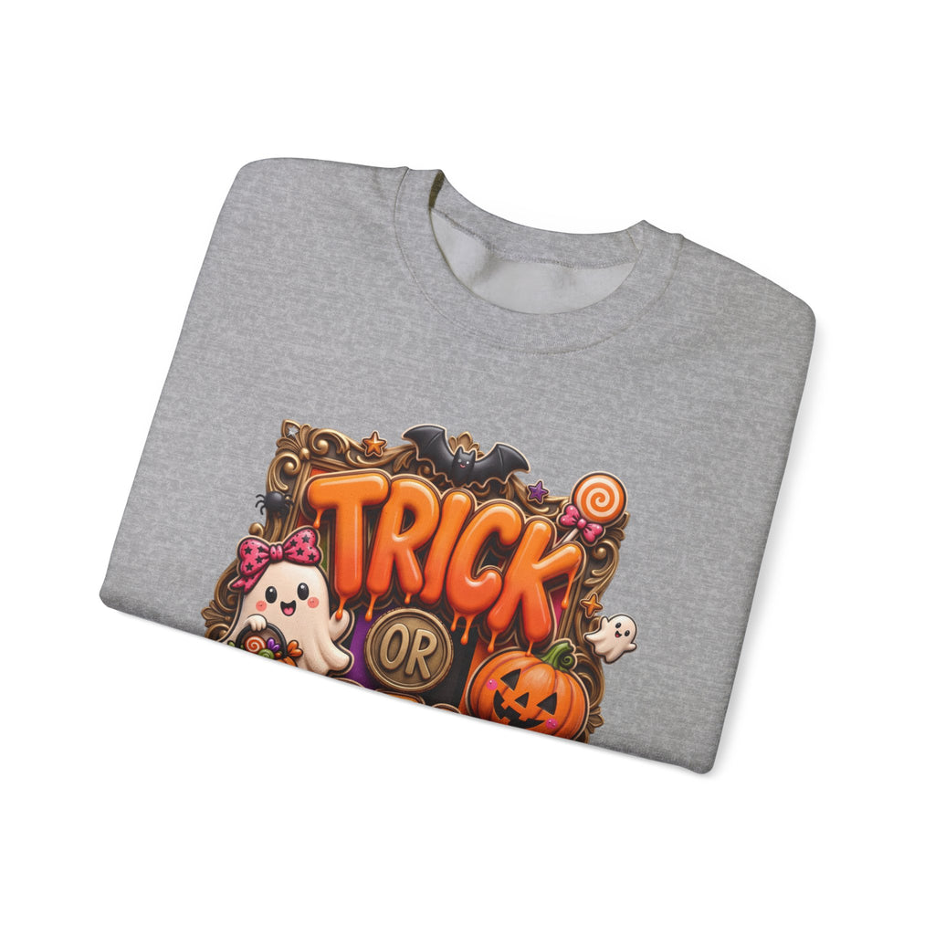Sport Grey crewneck sweatshirt folded to show the puffy orange trick or treat lettering frames a bow-wearing print