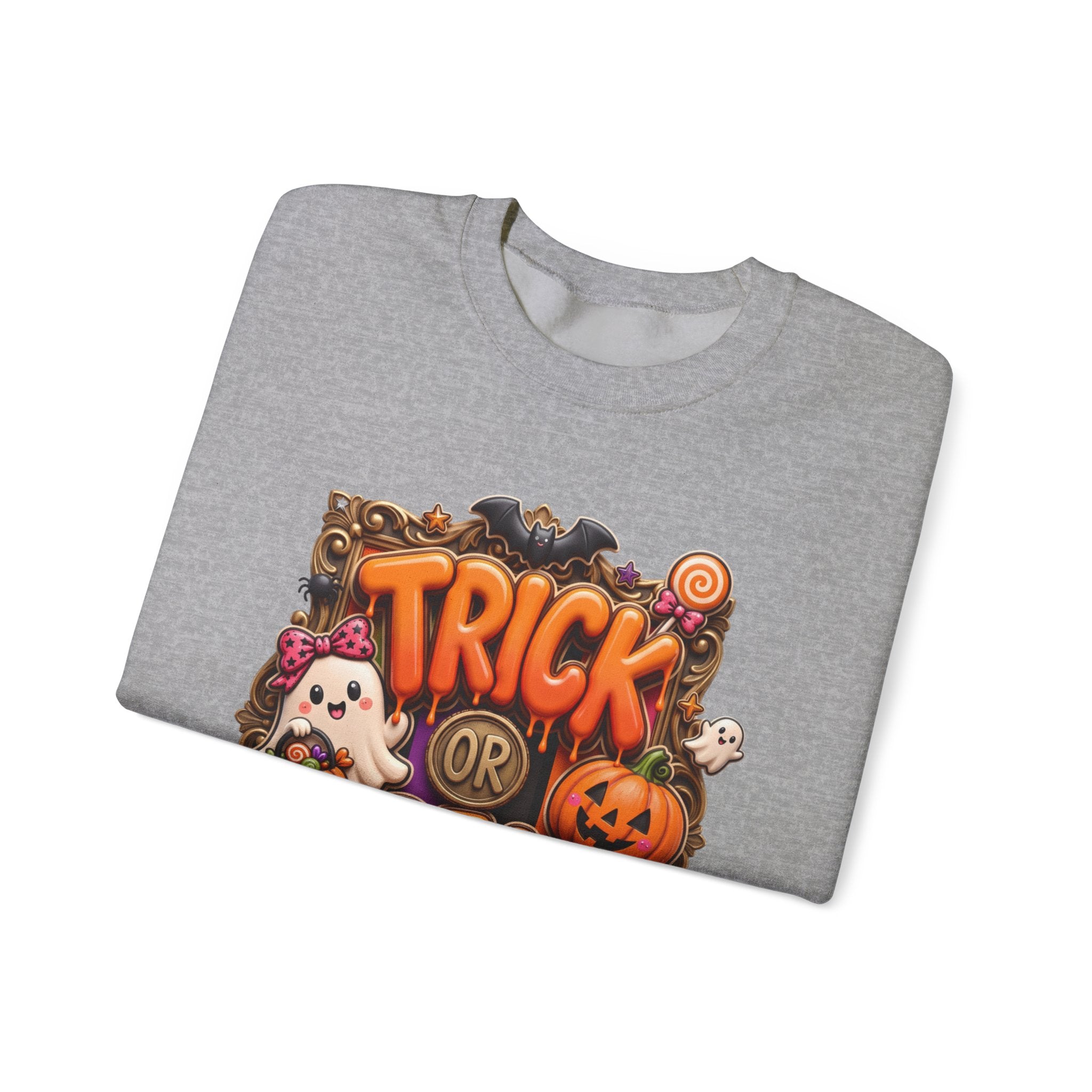 Sport Grey crewneck sweatshirt folded to show the puffy orange trick or treat lettering frames a bow-wearing print