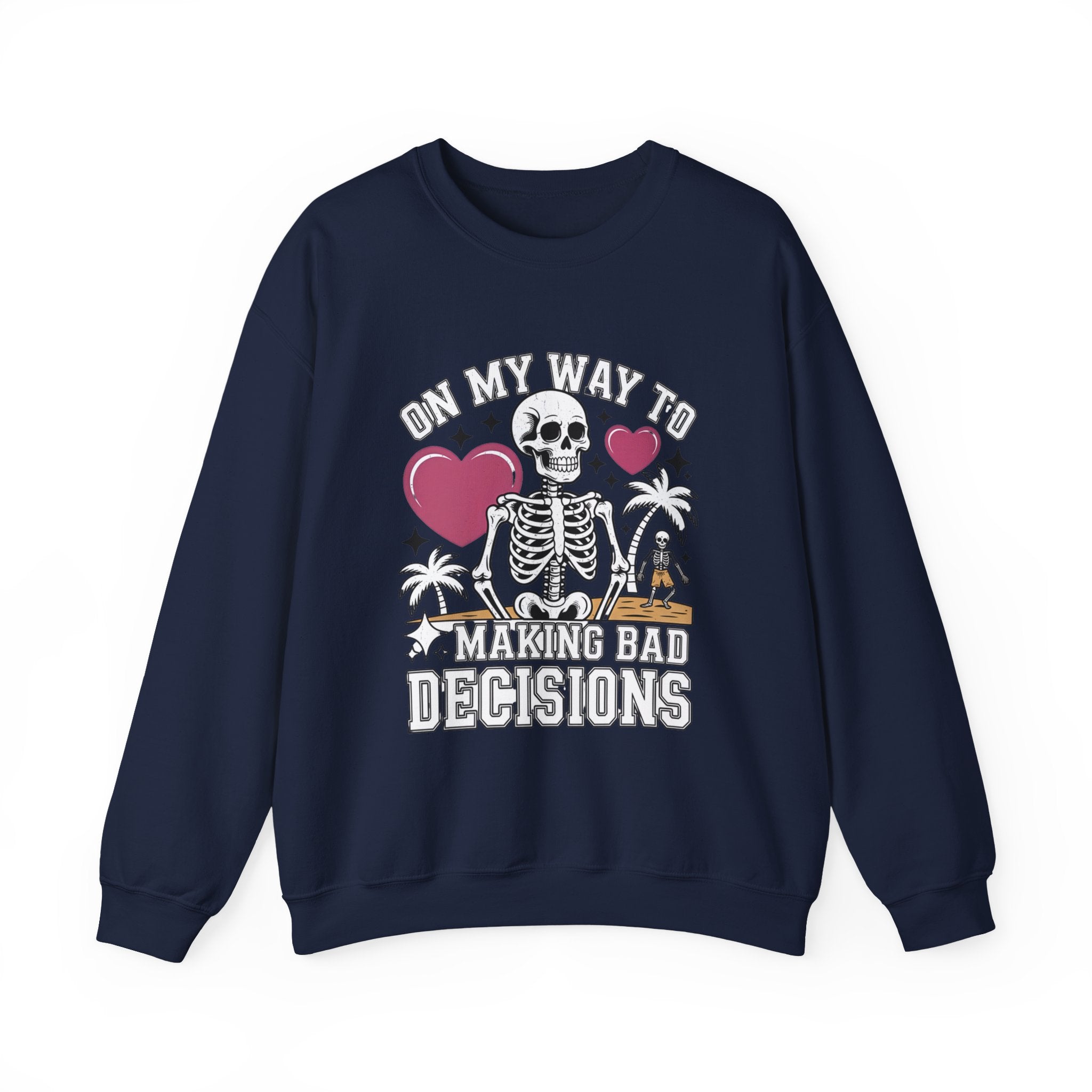 Navy crewneck sweatshirt laid flat, printed with a two line drawn skeletons under pink hearts