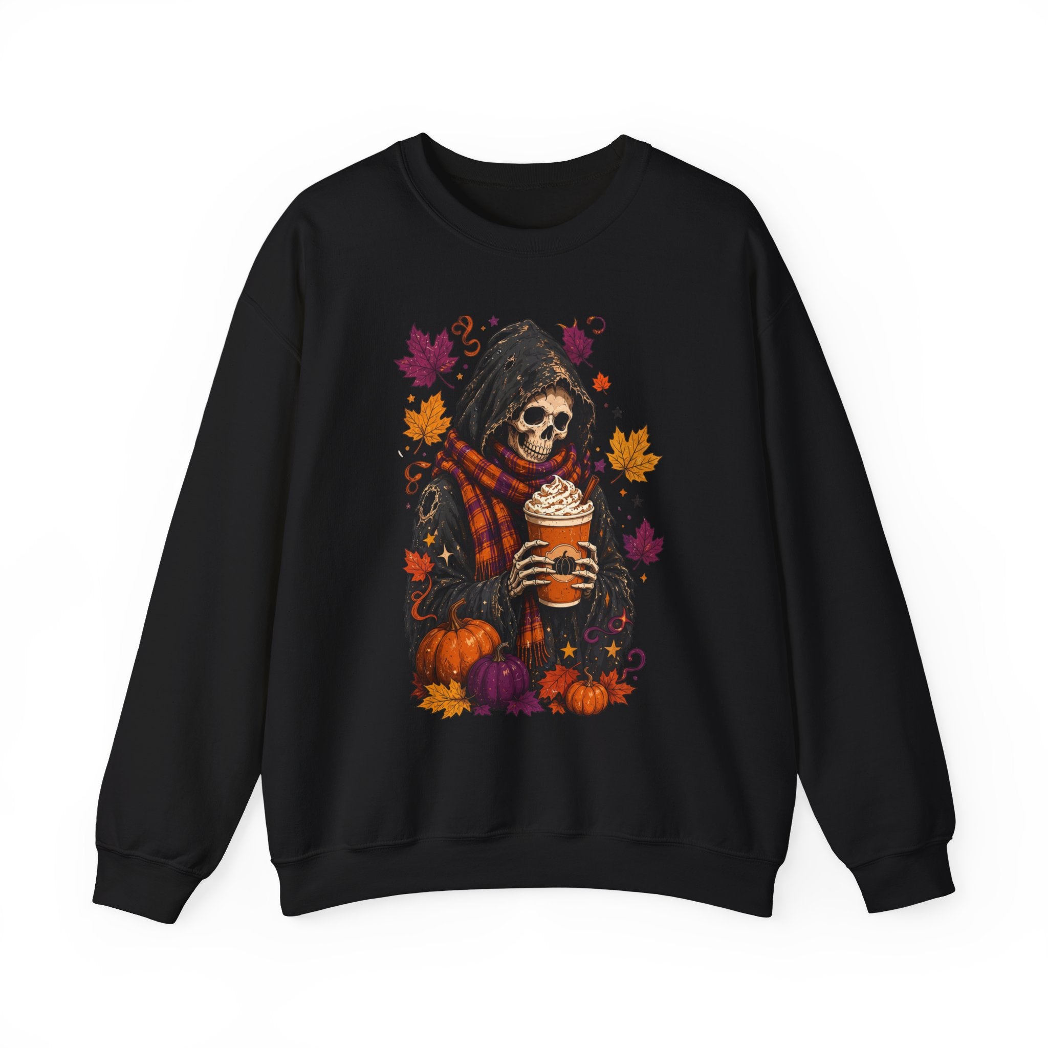 Black crewneck sweatshirt laid flat, printed with a hooded skeleton holding a pumpkin spice drink