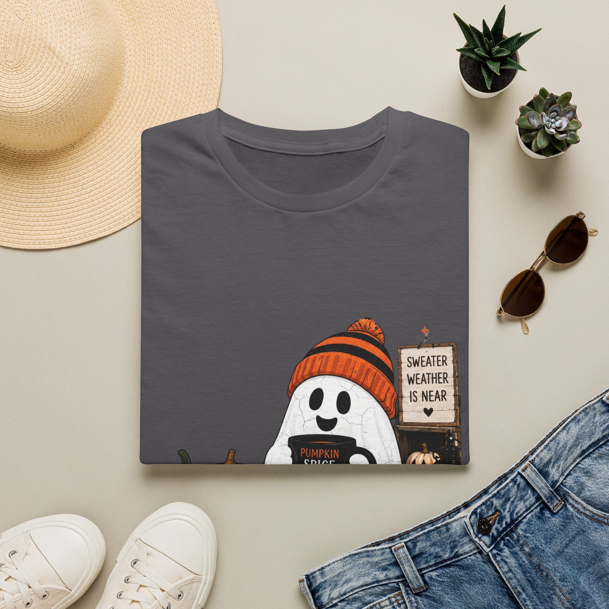 Charcoal t-shirt styled flat with a candle — small ghost in a knitted beanie